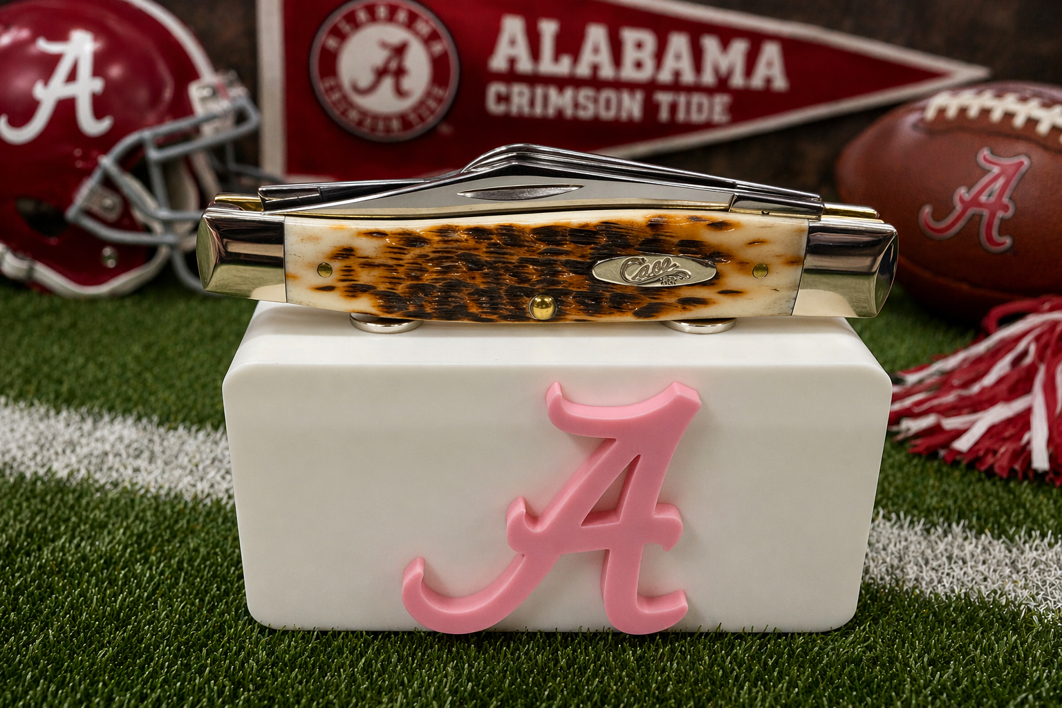 Alabama Crimson Tide Knife Display In White & Pink Magnetic 3D Printed Stand (4” x 2”)