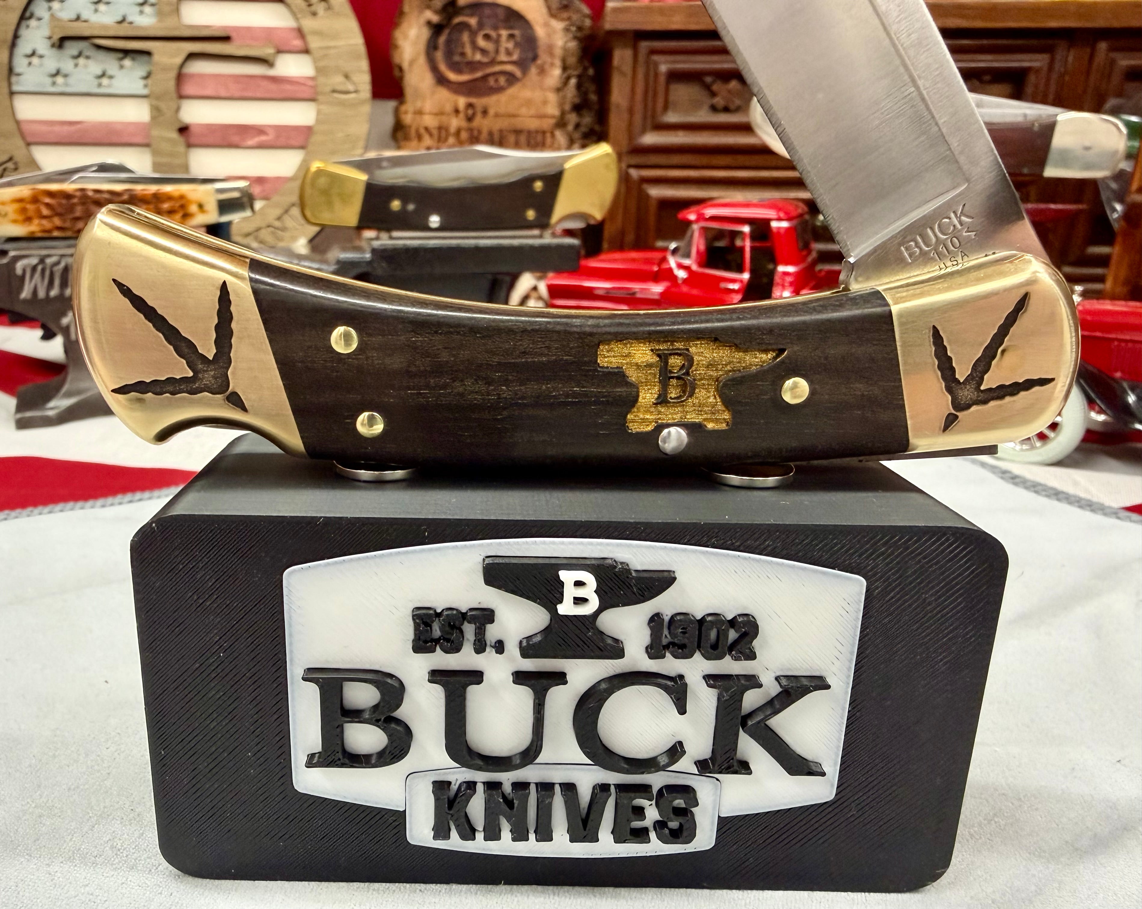 Custom Engraved Buck 110 “Turkey Hunter Edition” – Laser Finished Bolsters, Anvil Handles & Matching Leather Sheath