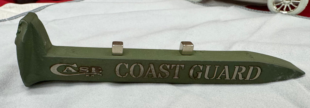 US Coast Guard Railroad Spike Knife Display – OD Green Case XX Engraved Stand w/ Magnetic Holder – Authentic Retired Alabama Rail Spike