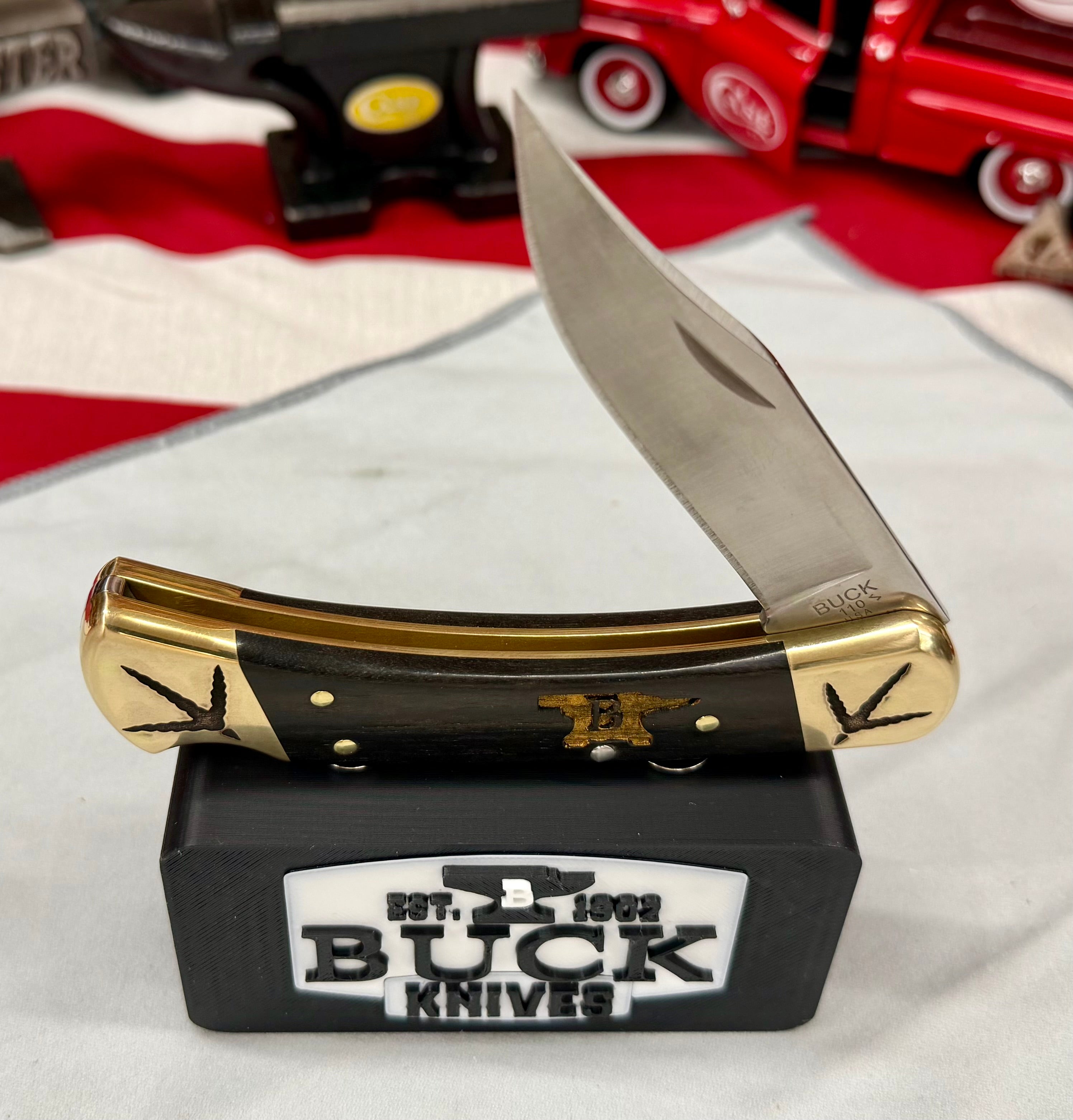 Custom Engraved Buck 110 “Turkey Hunter Edition” – Laser Finished Bolsters, Anvil Handles & Matching Leather Sheath