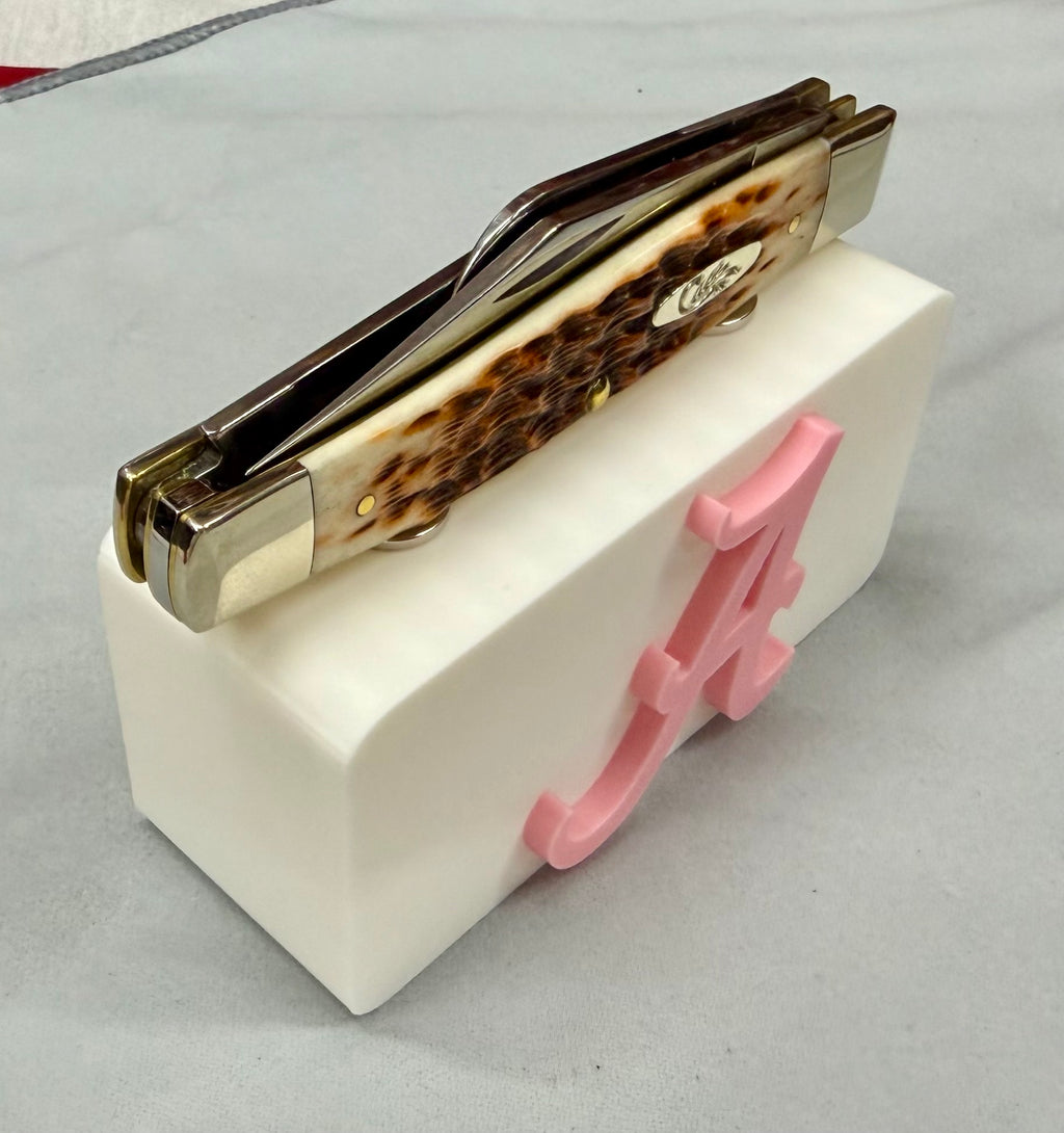 Alabama Crimson Tide Knife Display In White & Pink Magnetic 3D Printed Stand (4” x 2”)