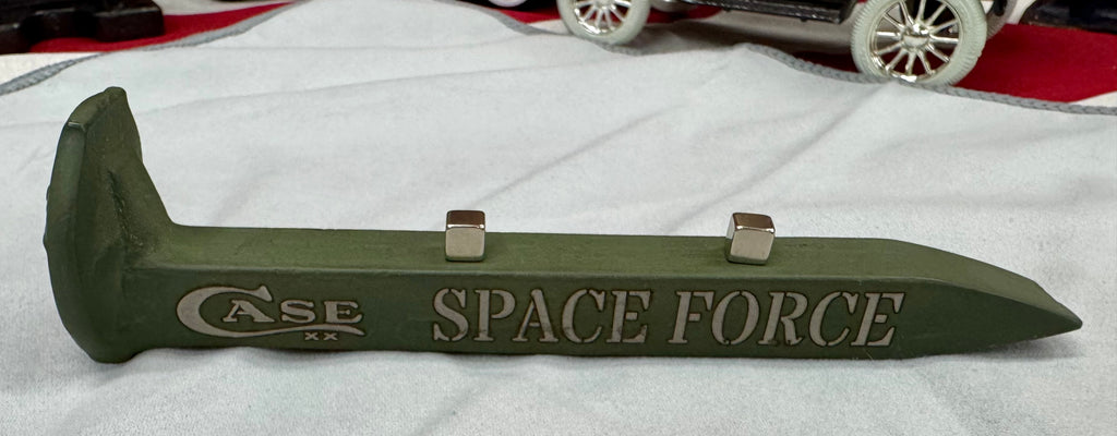US Space Force Railroad Spike Knife Display – OD Green Case XX Engraved Stand w/ Magnetic Holder – Authentic Retired Alabama Rail Spike