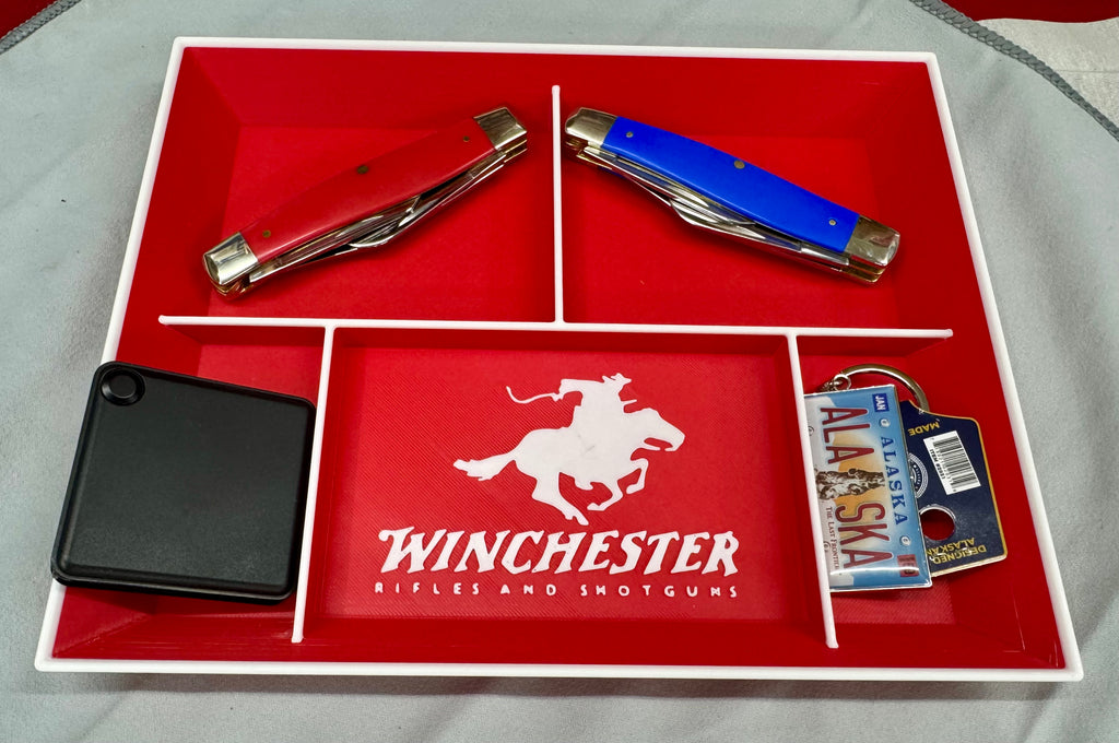 3D Printed Winchester Valet Tray – Red & White Catch-All Organizer w/ 5 Compartments for EDC, Keys & Pocket Dump