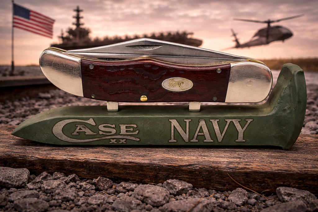US Navy Railroad Spike Knife Display – OD Green Case XX Engraved Stand w/ Magnetic Holder – Authentic Retired Alabama Rail Spike
