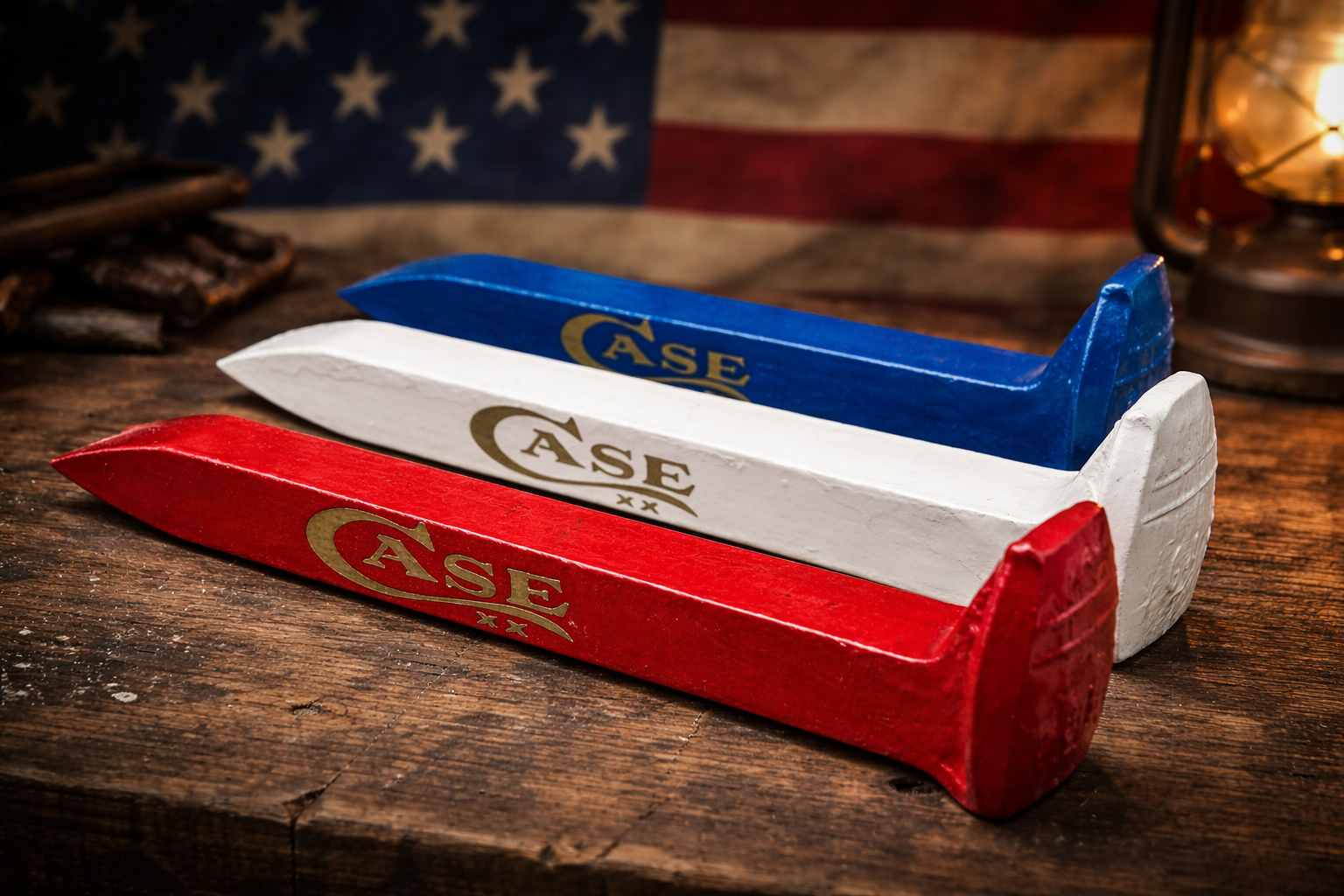 Case XX Railroad Spike Knife Display Set – Red White & Blue Patriotic EDC Holders with Magnetic Retention – Repurposed Alabama Rail Spikes (3 Piece Set)
