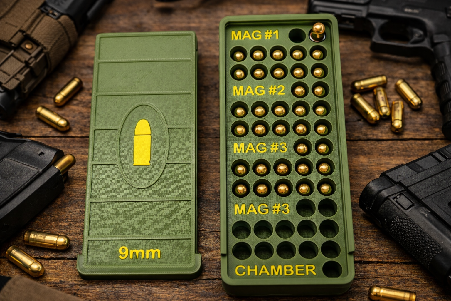 52 Round 9mm Ammo Box In OD Green & Yellow 3D Printed Sliding Lock Case