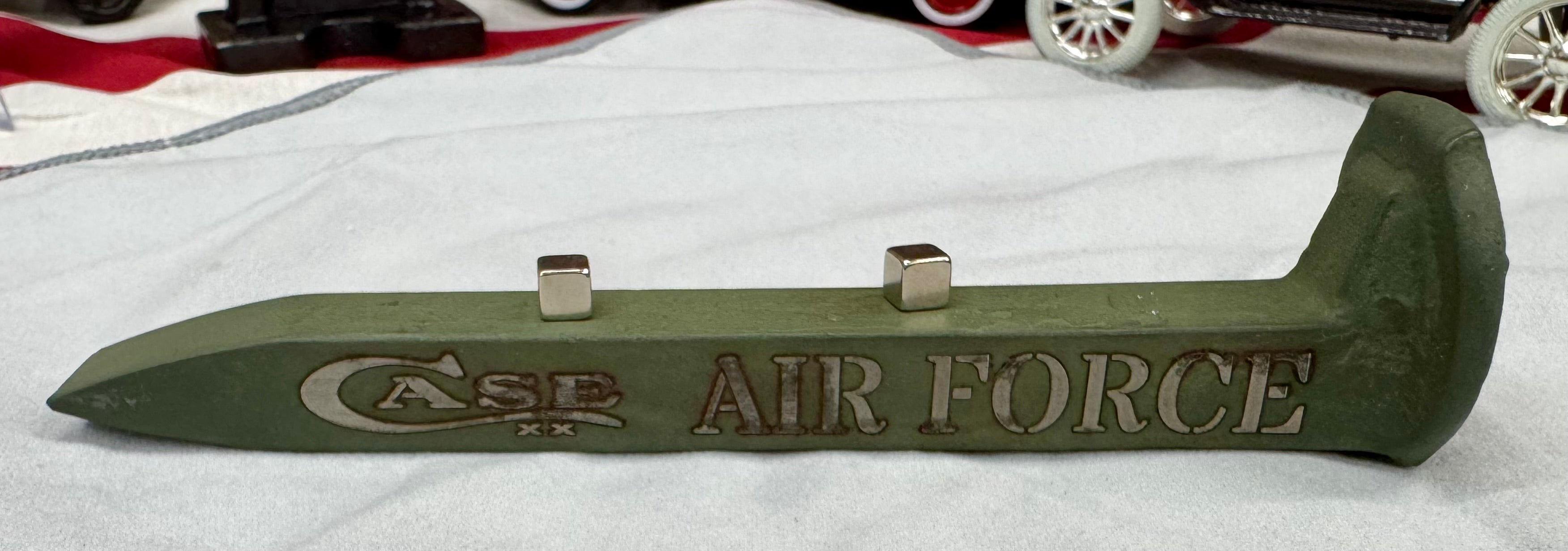 US Air Force Railroad Spike Knife Display – OD Green Case XX Engraved Stand w/ Magnetic Holder – Authentic Retired Alabama Rail Spike