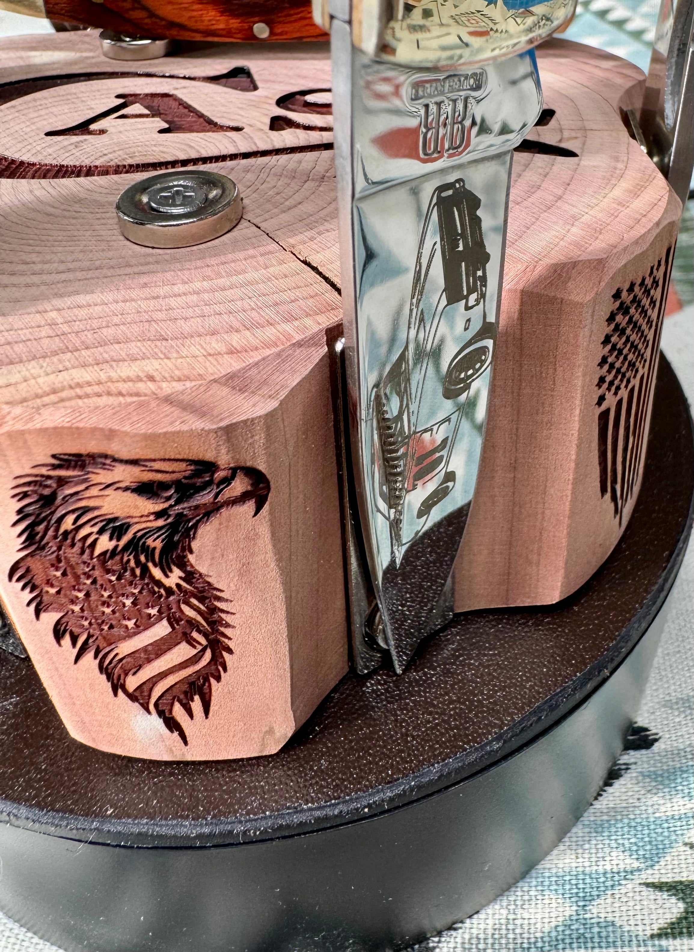 Handcrafted Rotating Cedar Case XX Collector Display – Patriotic 6 Knife Stand (One of a Kind)
