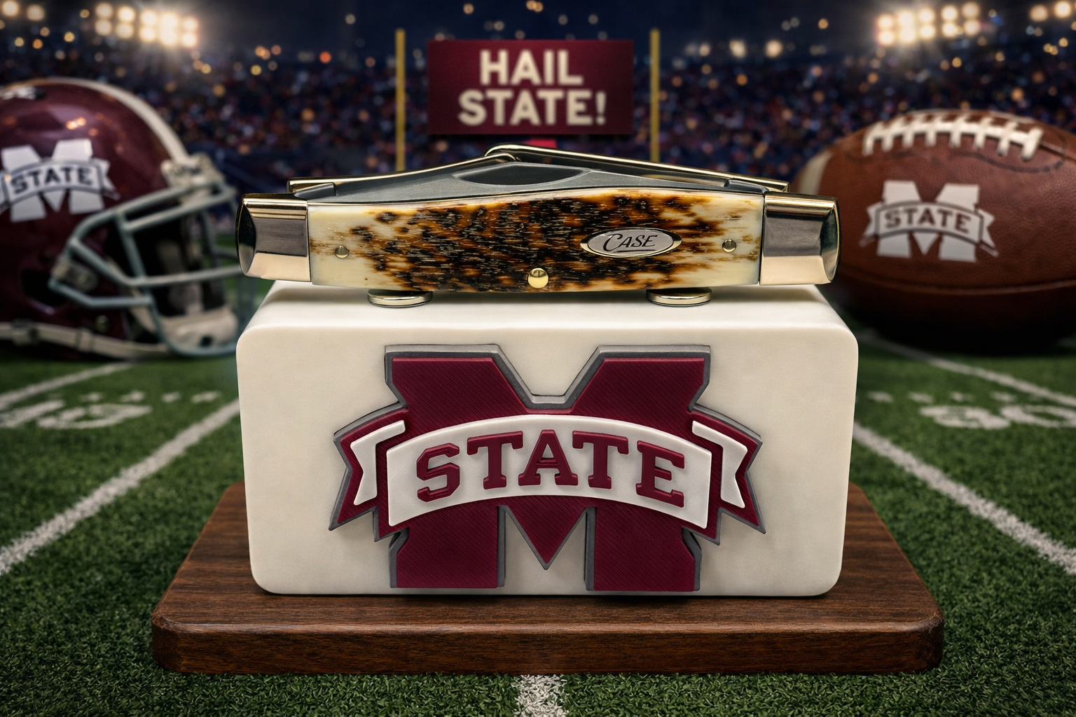 Mississippi State Knife Display In White & Maroon Magnetic 3D Printed Stand (4” x 2”)