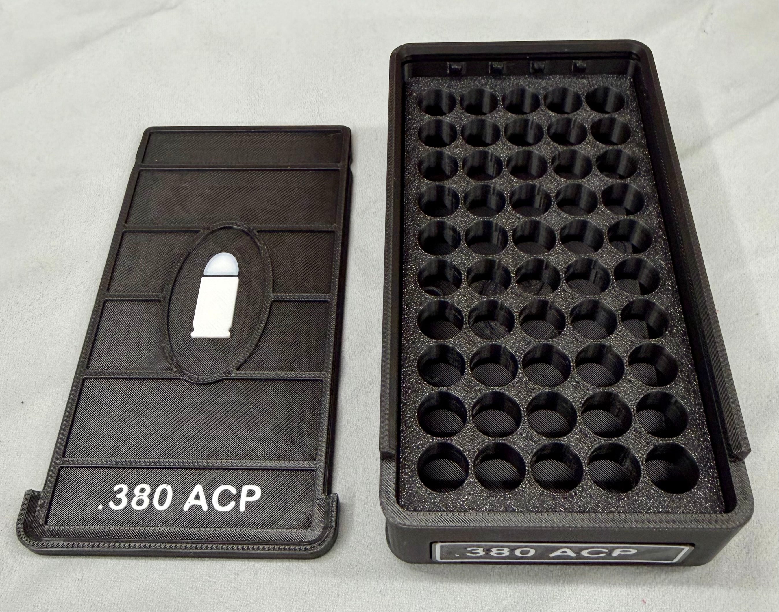 50 Round .380 ACP Ammo Box In OD Black & White 3D Printed Sliding Lock Case