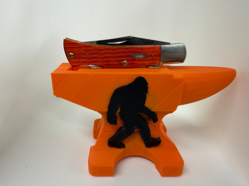Bigfoot Sasquatch Anvil Magnetic Pocket Knife Display Stand 3D Printed Orange