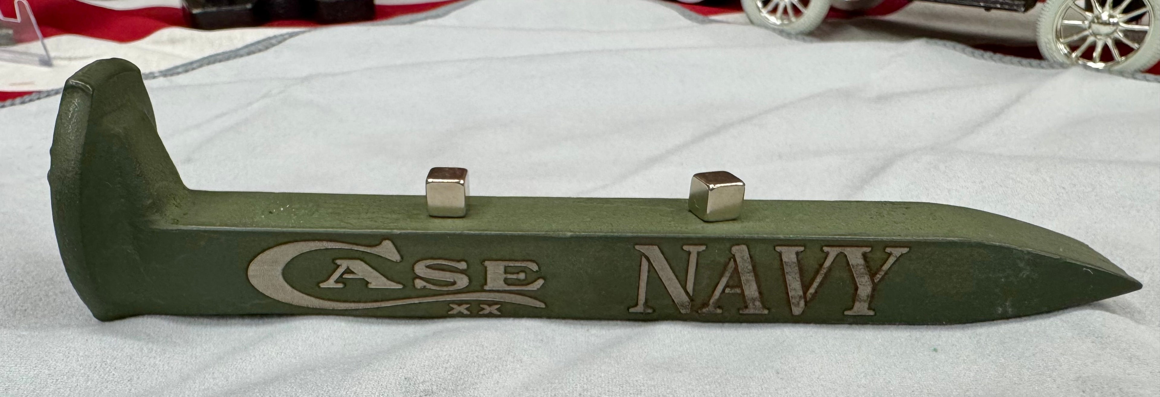 US Navy Railroad Spike Knife Display – OD Green Case XX Engraved Stand w/ Magnetic Holder – Authentic Retired Alabama Rail Spike
