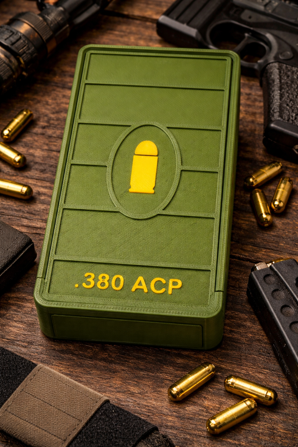 50 Round .380 ACP Ammo Box In OD Green & Yellow 3D Printed Sliding Lock Case