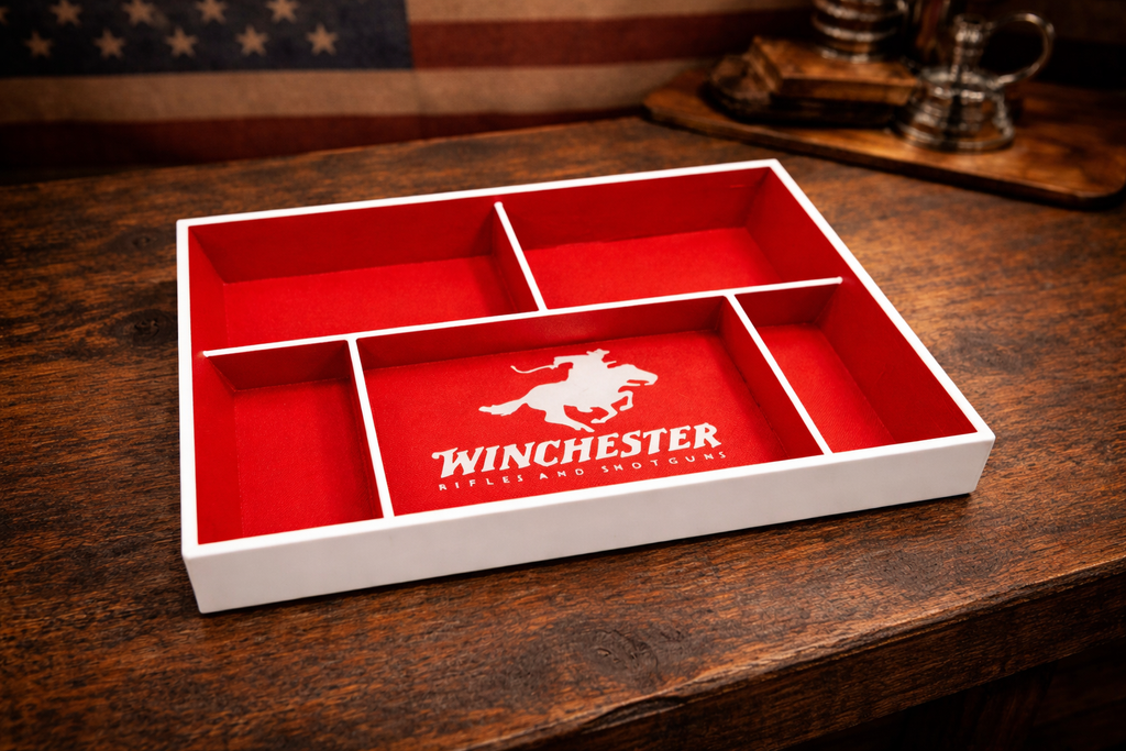 3D Printed Winchester Valet Tray – Red & White Catch-All Organizer w/ 5 Compartments for EDC, Keys & Pocket Dump