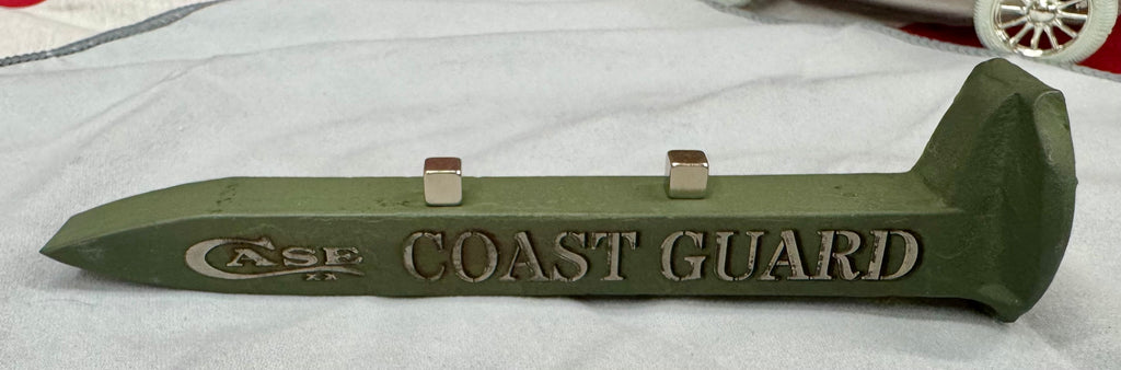 US Coast Guard Railroad Spike Knife Display – OD Green Case XX Engraved Stand w/ Magnetic Holder – Authentic Retired Alabama Rail Spike