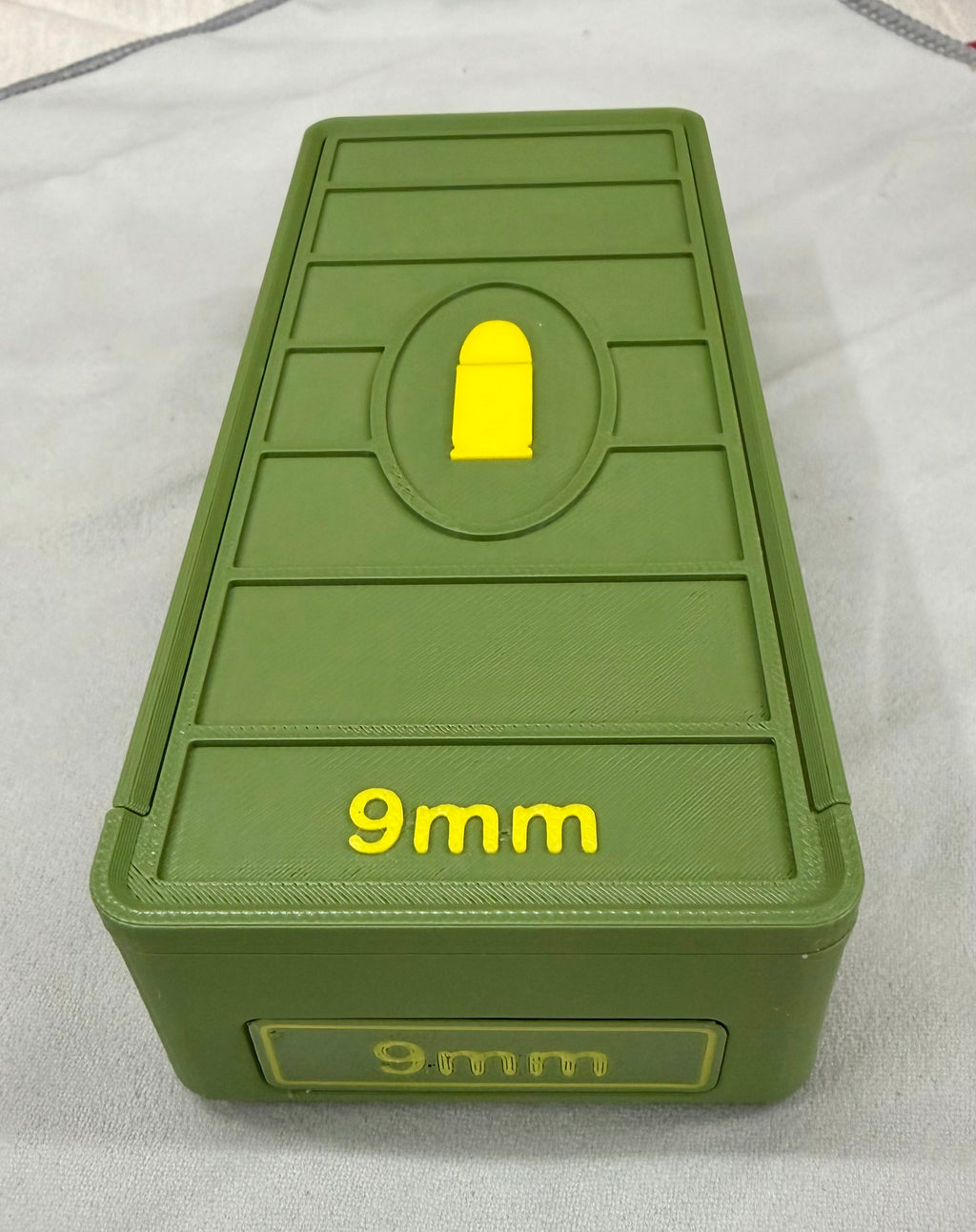 52 Round 9mm Ammo Box In OD Green & Yellow 3D Printed Sliding Lock Case