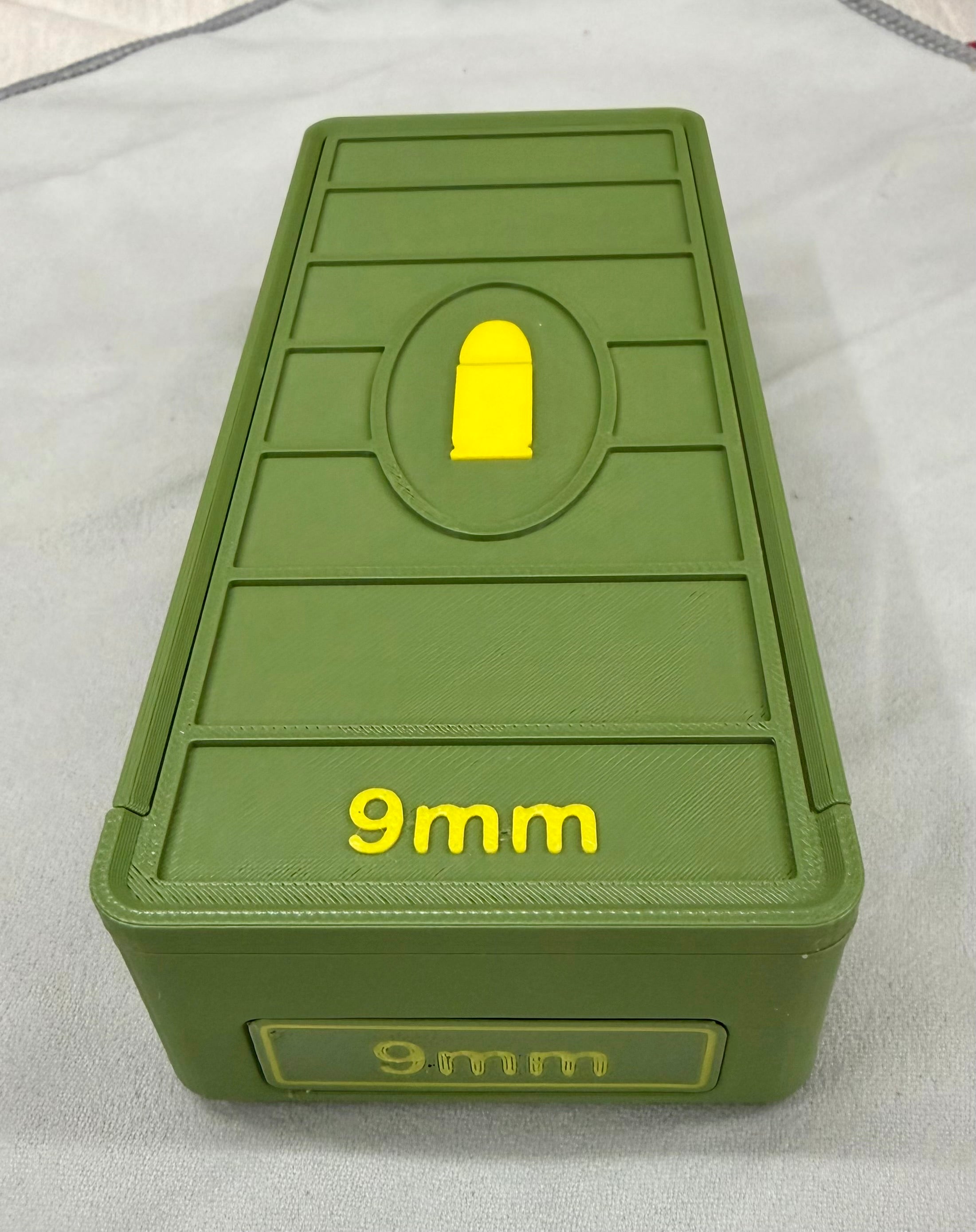 52 Round 9mm Ammo Box In OD Green & Yellow 3D Printed Sliding Lock Case