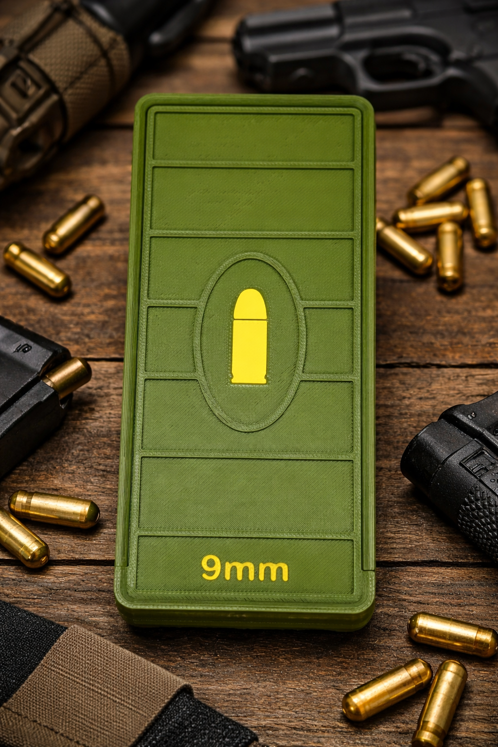 52 Round 9mm Ammo Box In OD Green & Yellow 3D Printed Sliding Lock Case