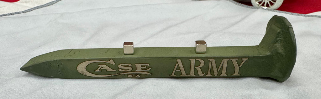 US Army Railroad Spike Knife Display – OD Green Case XX Engraved Stand w/ Magnetic Holder – Authentic Retired Alabama Rail Spike