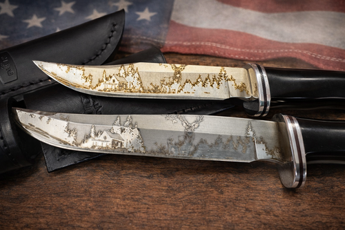 Custom Buck 102 & 105 Knife Set – Cabin, Forest & Whitetail Laser Engraved Blades