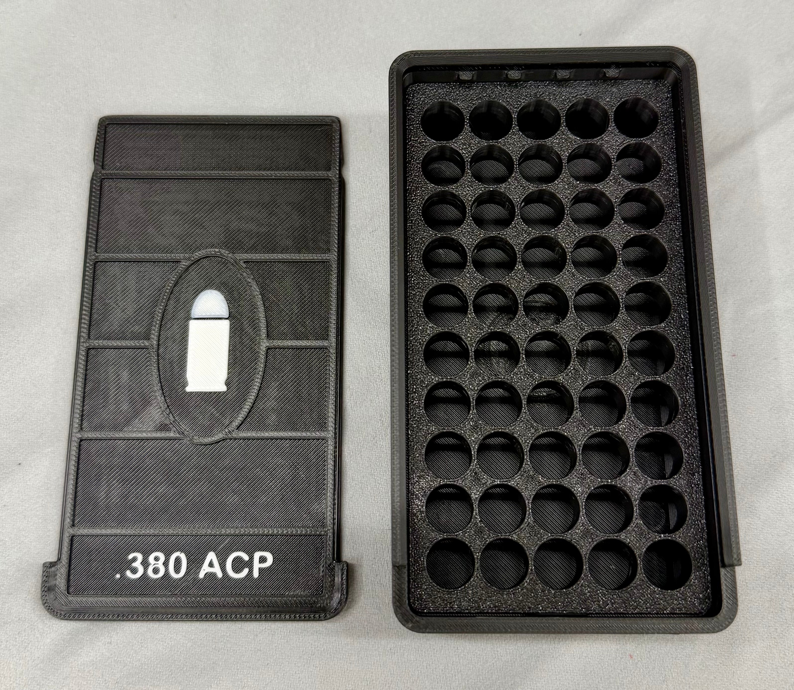 50 Round .380 ACP Ammo Box In OD Black & White 3D Printed Sliding Lock Case