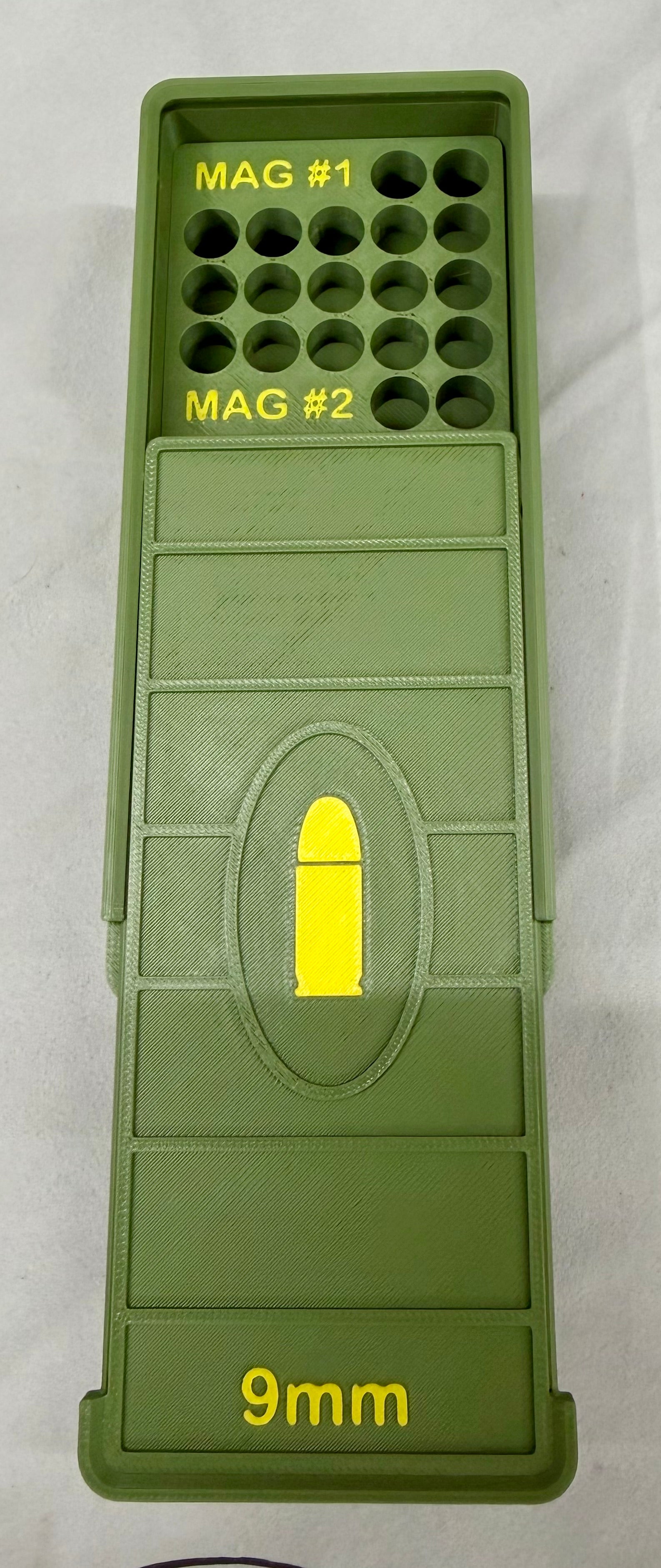 52 Round 9mm Ammo Box In OD Green & Yellow 3D Printed Sliding Lock Case