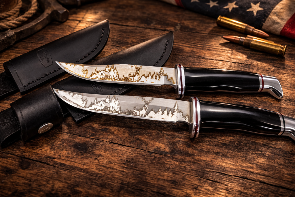 Custom Buck 102 & 105 Knife Set – Cabin, Forest & Whitetail Laser Engraved Blades
