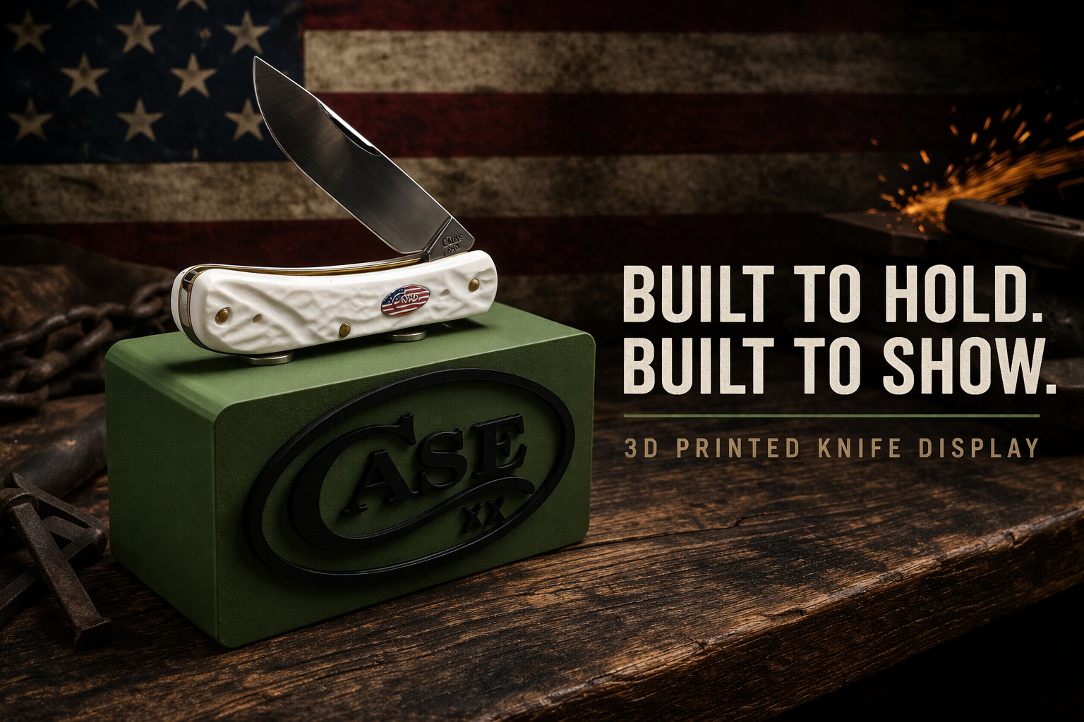 OD Green Magnetic Knife Display Stand – Case XX Style Logo | 3D Printed EDC Holder (4x2x2)