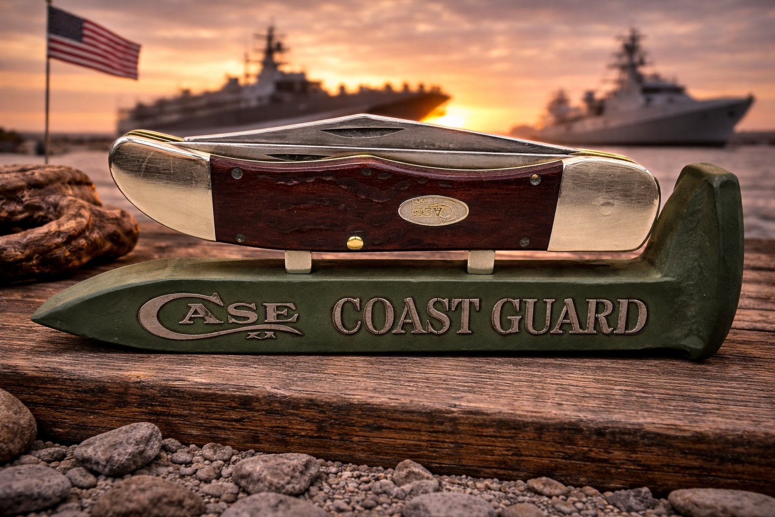 US Coast Guard Railroad Spike Knife Display – OD Green Case XX Engraved Stand w/ Magnetic Holder – Authentic Retired Alabama Rail Spike