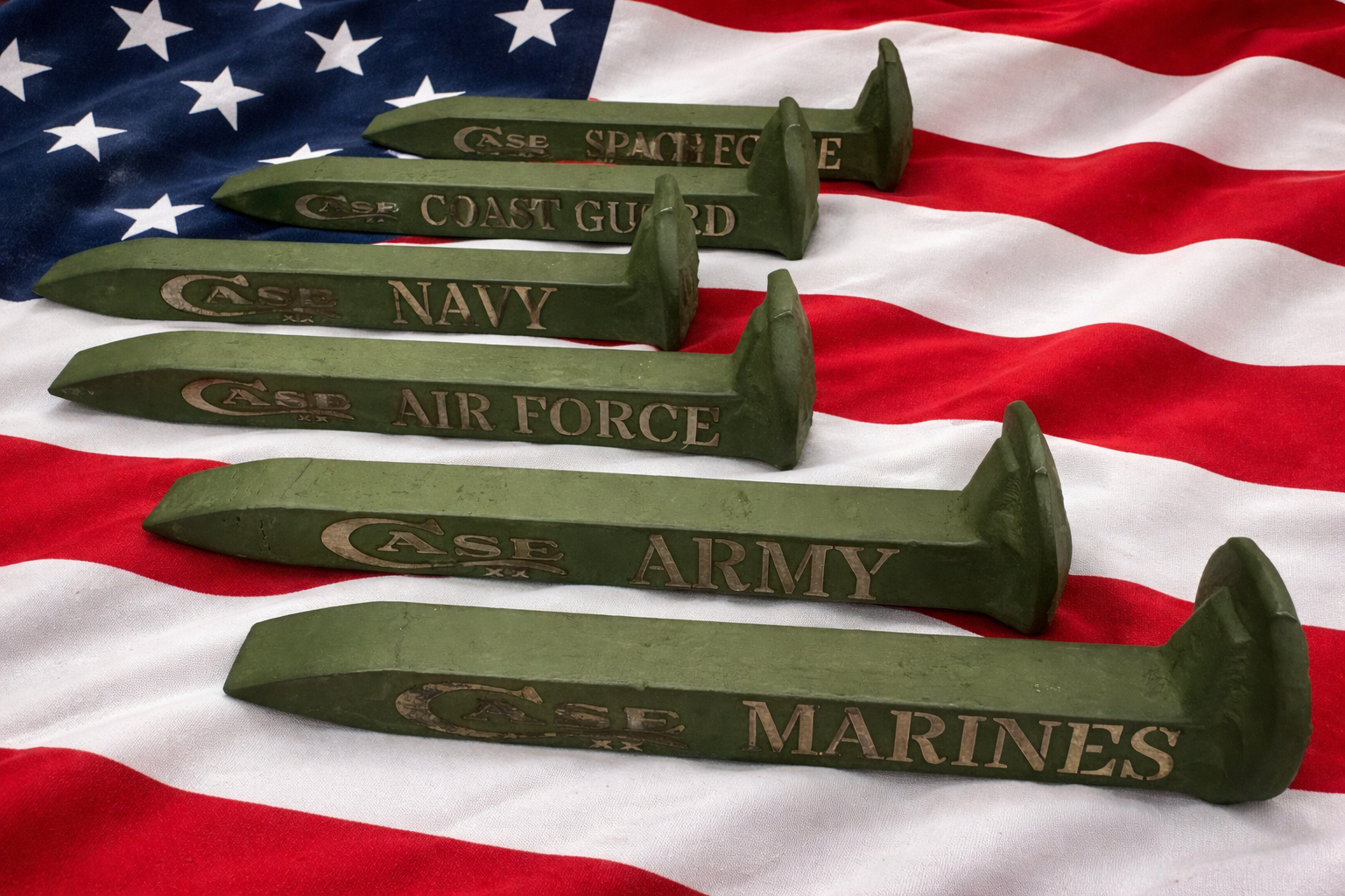 6 Pc Military Railroad Spike Knife Display Set – Case XX Engraved OD Green | Army Navy Marines Air Force Coast Guard Space Force | Magnetic Knife Holders