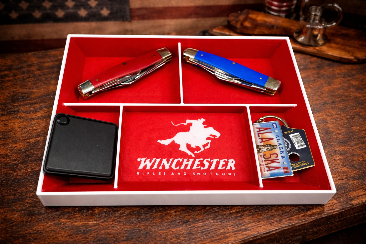 3D Printed Winchester Valet Tray – Red & White Catch-All Organizer w/ 5 Compartments for EDC, Keys & Pocket Dump