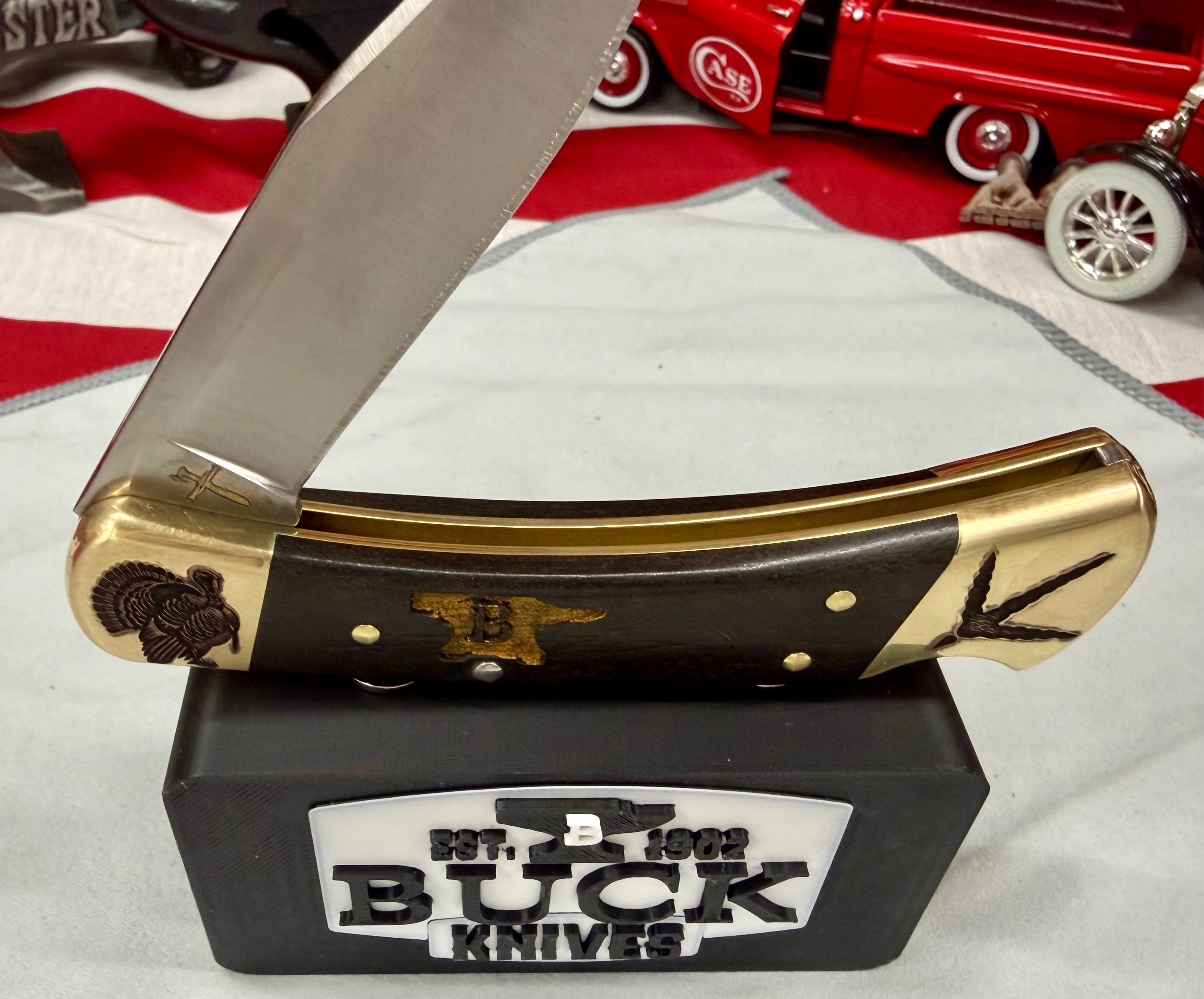 Custom Engraved Buck 110 “Turkey Hunter Edition” – Laser Finished Bolsters, Anvil Handles & Matching Leather Sheath