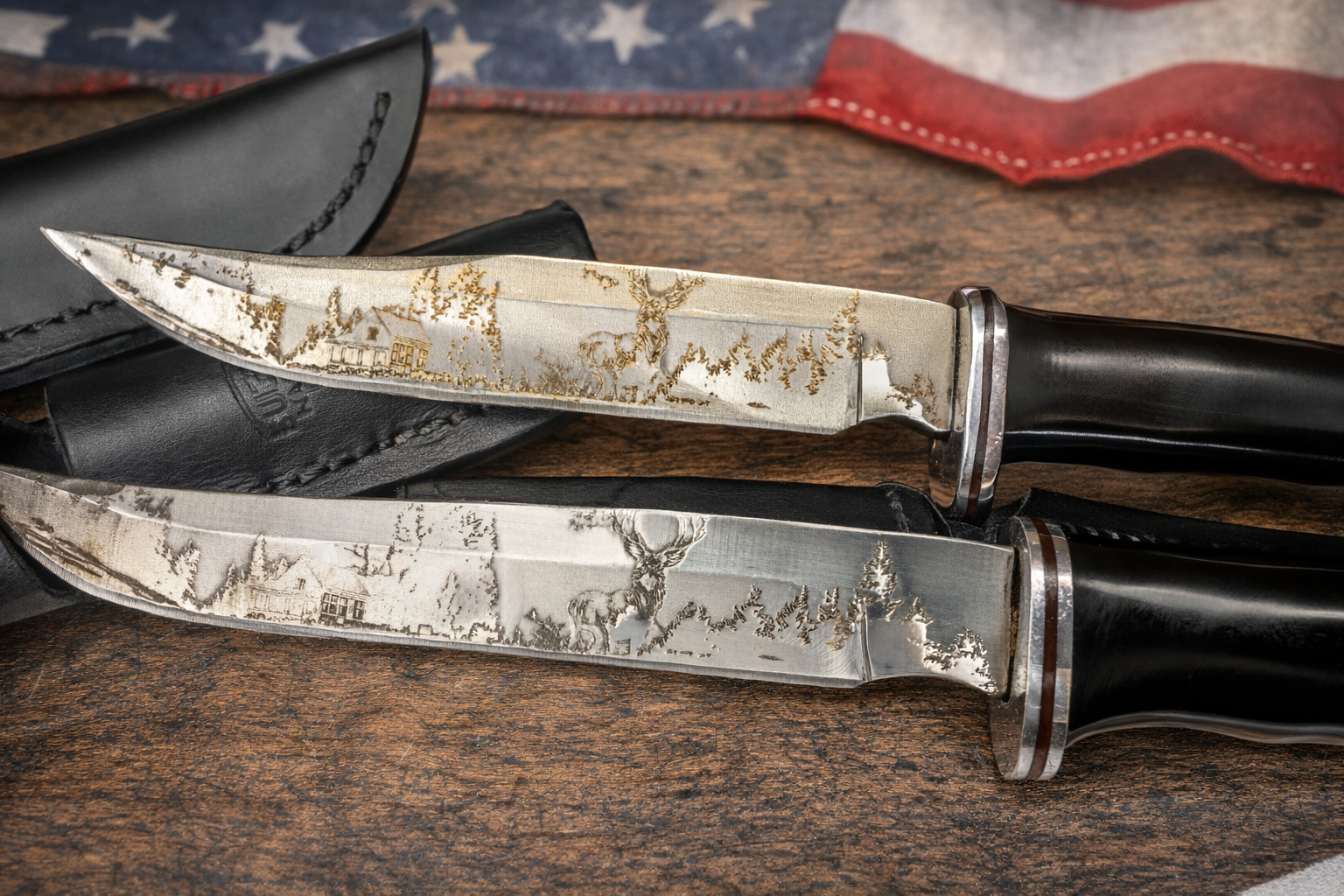 Custom Buck 102 & 105 Knife Set – Cabin, Forest & Whitetail Laser Engraved Blades