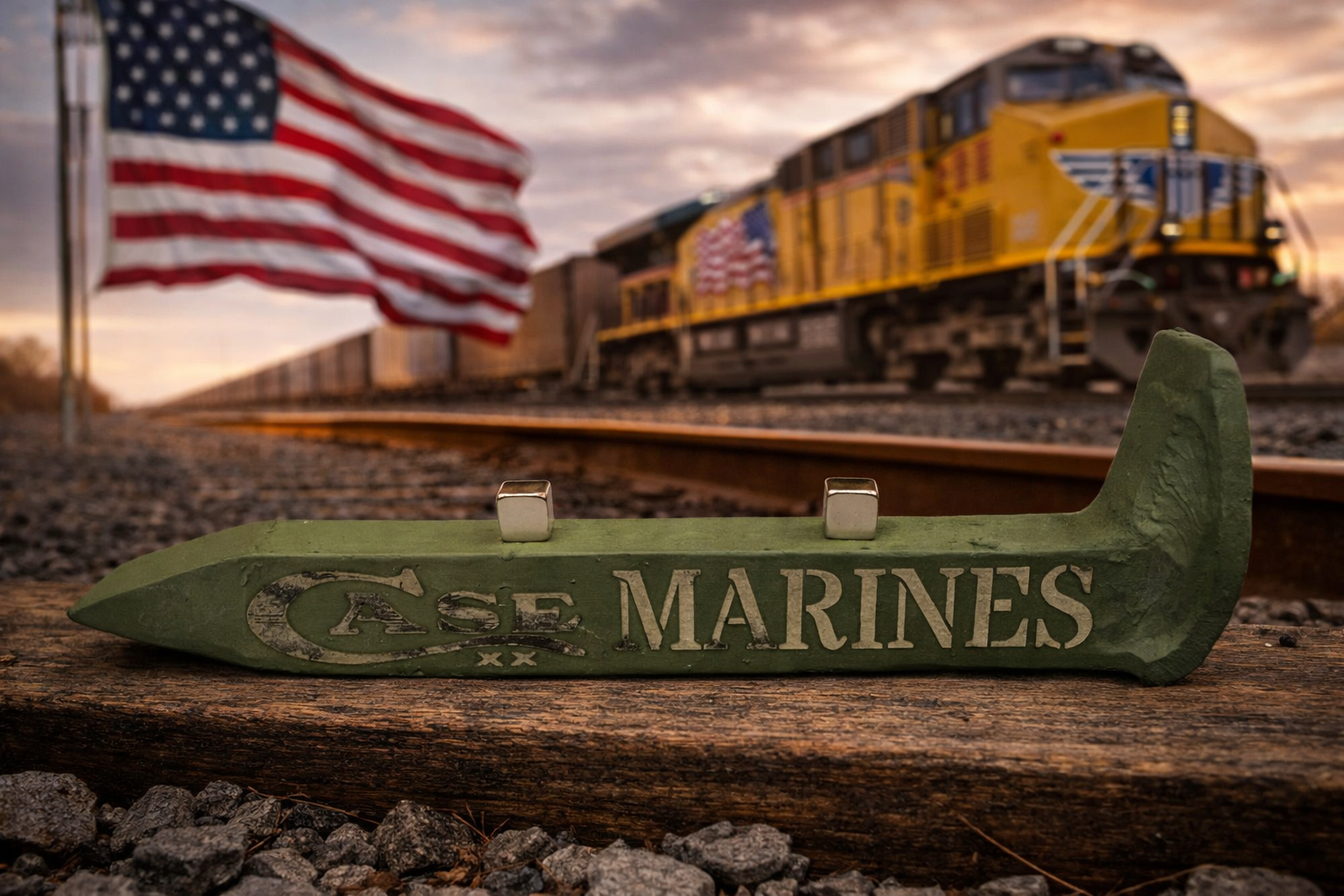 US Marines Railroad Spike Knife Display – OD Green Case XX Engraved Stand w/ Magnetic Holder – Authentic Retired Alabama Rail Spike