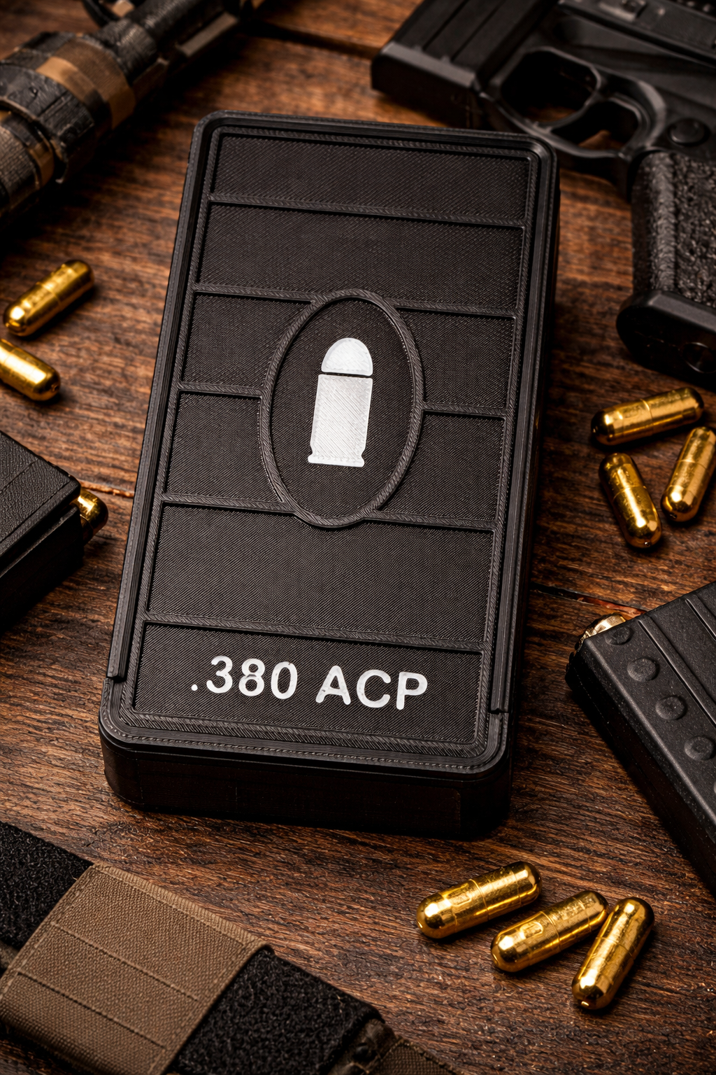 50 Round .380 ACP Ammo Box In OD Black & White 3D Printed Sliding Lock Case