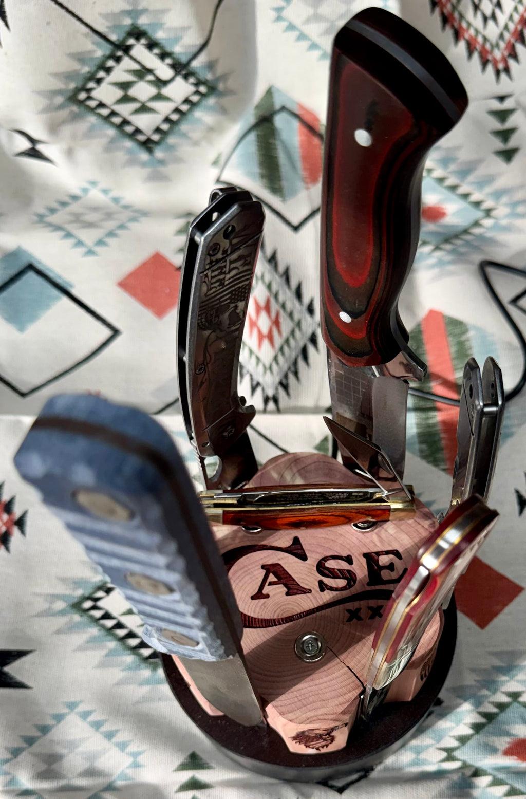 Handcrafted Rotating Cedar Case XX Collector Display – Patriotic 6 Knife Stand (One of a Kind)