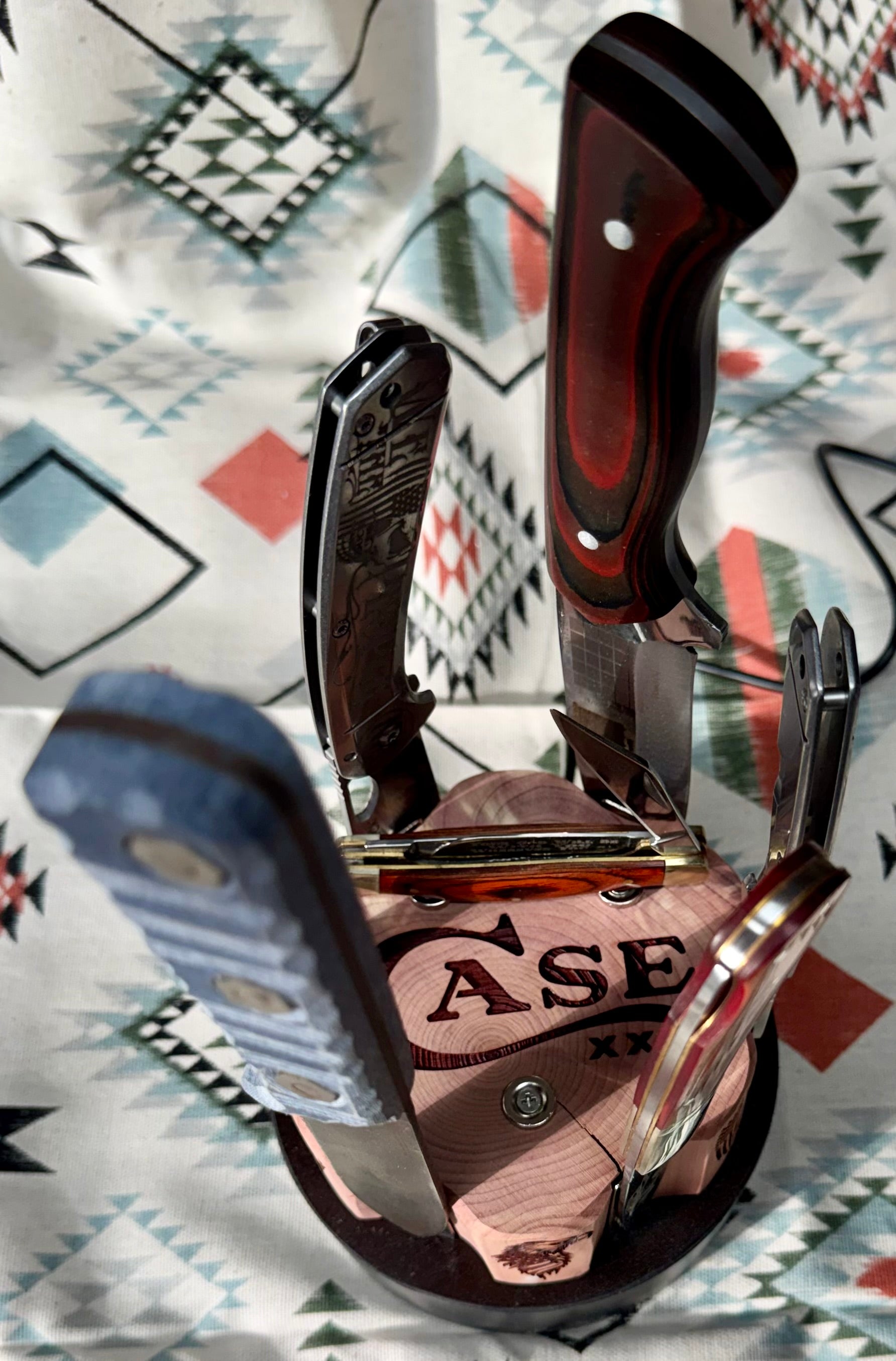 Handcrafted Rotating Cedar Case XX Collector Display – Patriotic 6 Knife Stand (One of a Kind)