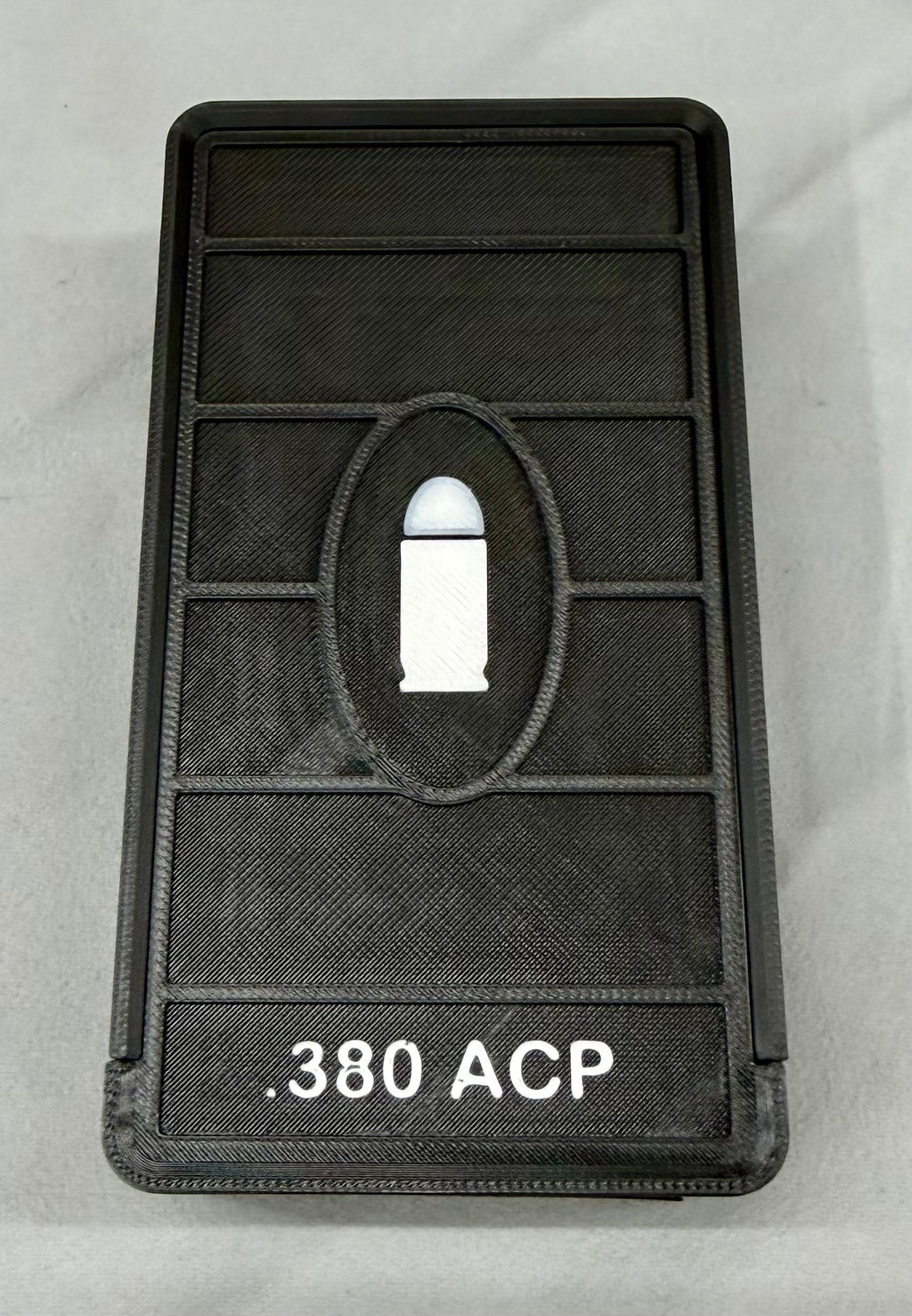 50 Round .380 ACP Ammo Box In OD Black & White 3D Printed Sliding Lock Case