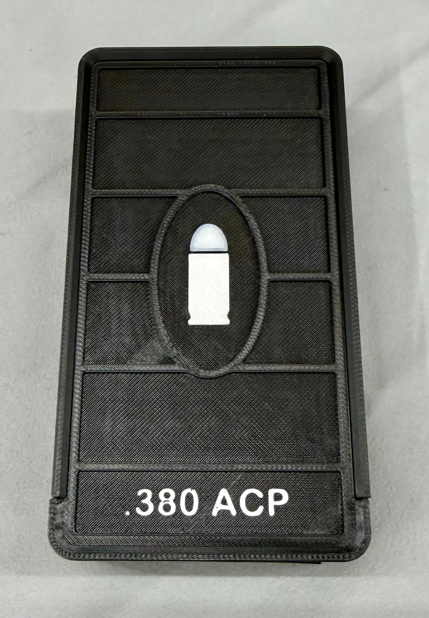 50 Round .380 ACP Ammo Box In OD Black & White 3D Printed Sliding Lock Case