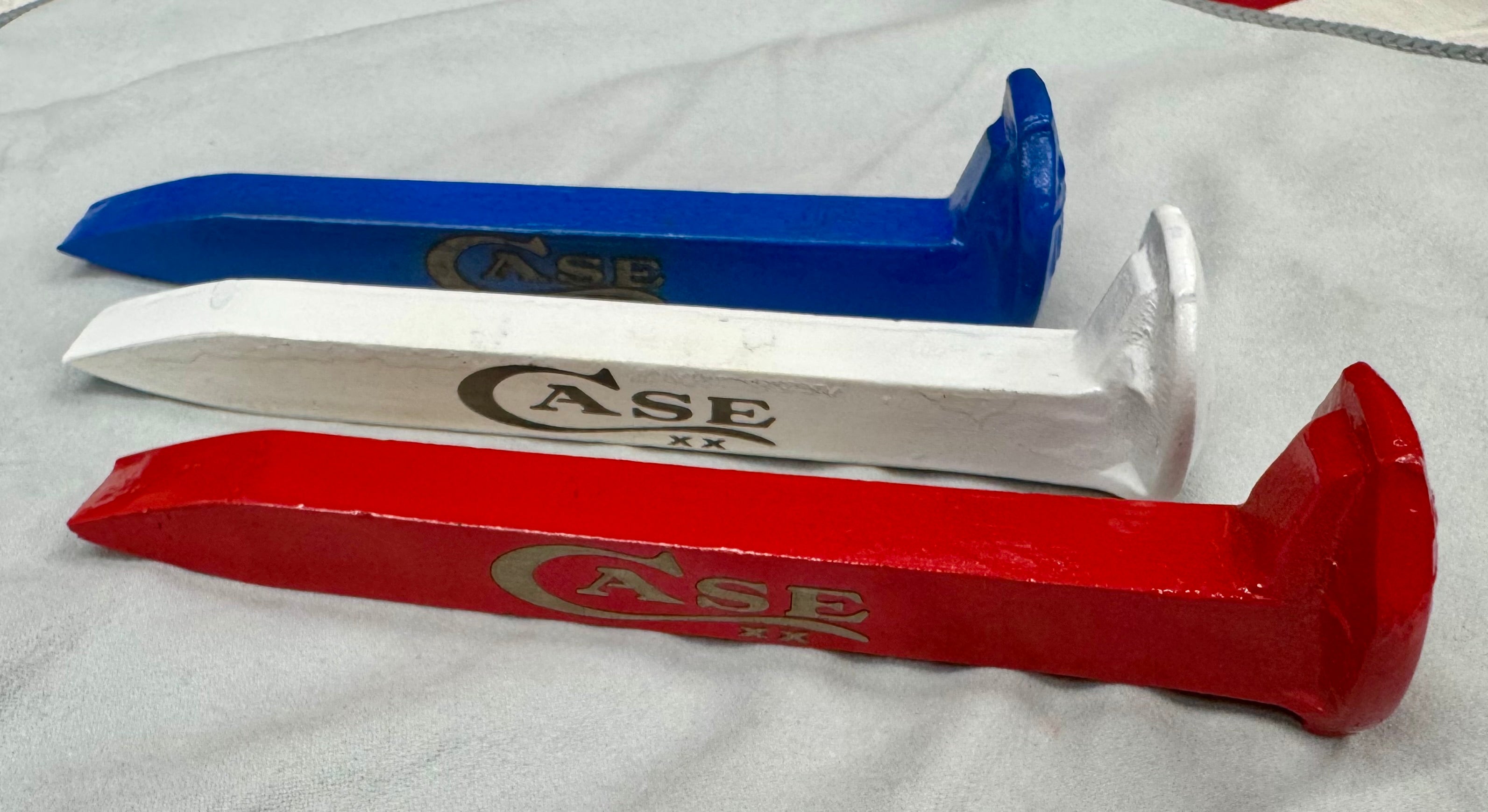 Case XX Railroad Spike Knife Display Set – Red White & Blue Patriotic EDC Holders with Magnetic Retention – Repurposed Alabama Rail Spikes (3 Piece Set)