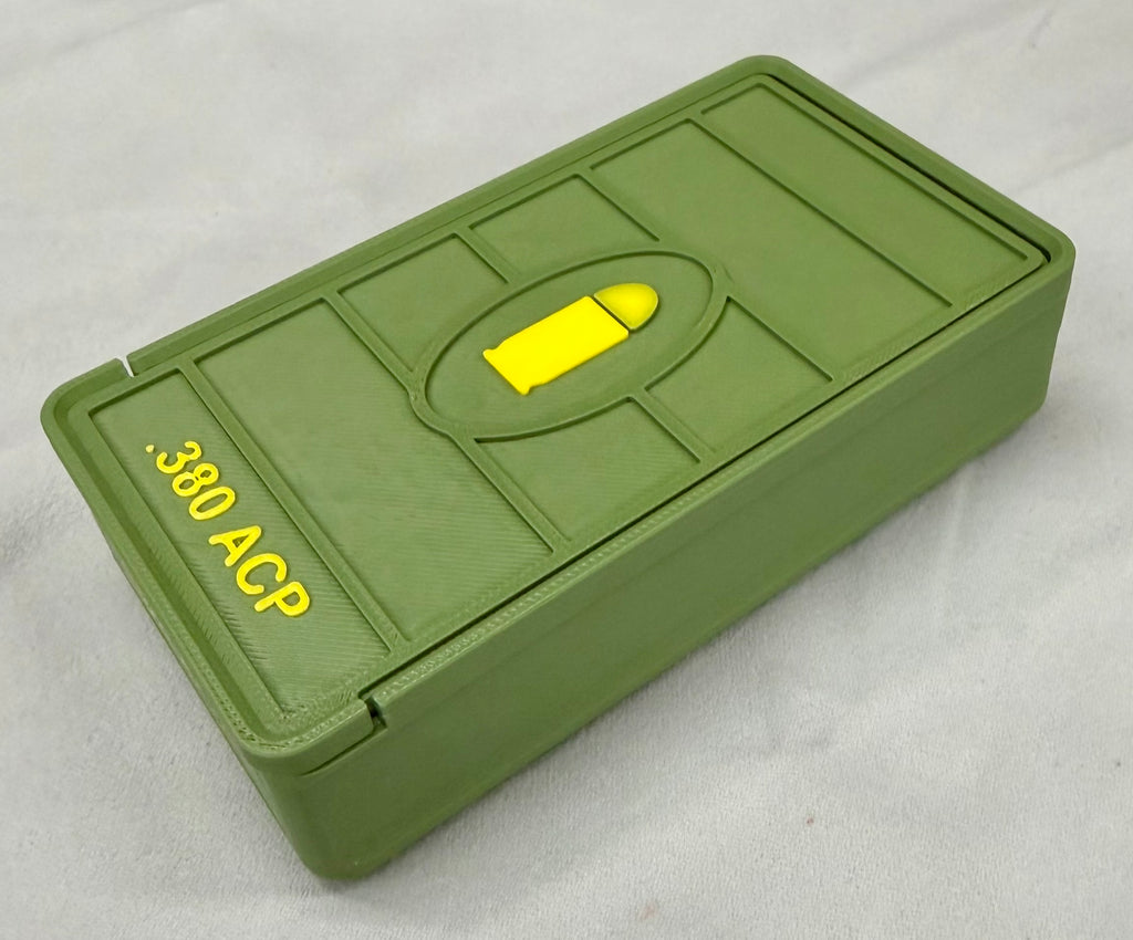 50 Round .380 ACP Ammo Box In OD Green & Yellow 3D Printed Sliding Lock Case