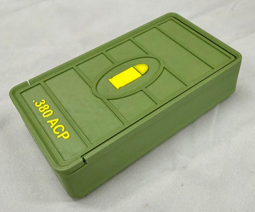 50 Round .380 ACP Ammo Box In OD Green & Yellow 3D Printed Sliding Lock Case