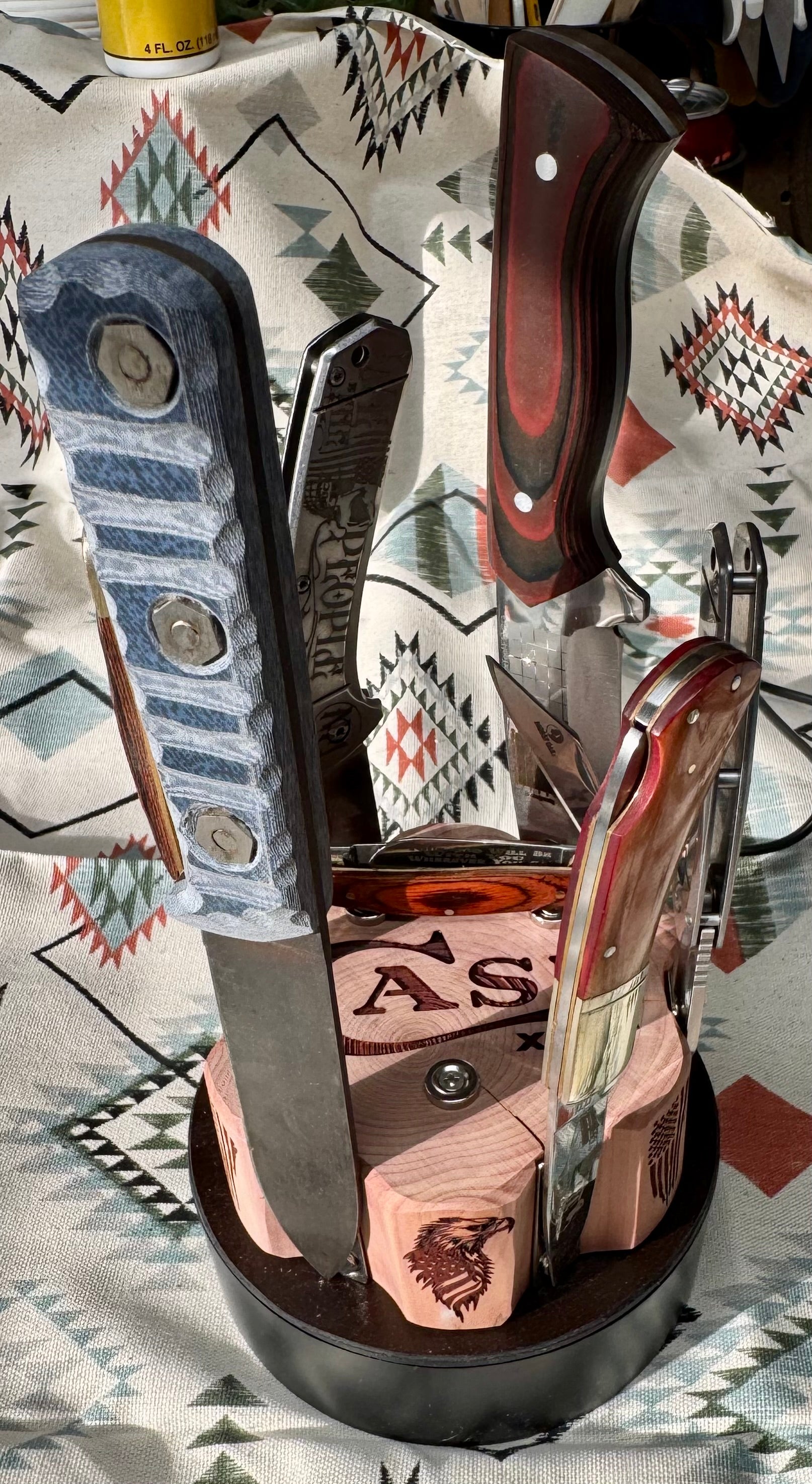 Handcrafted Rotating Cedar Case XX Collector Display – Patriotic 6 Knife Stand (One of a Kind)