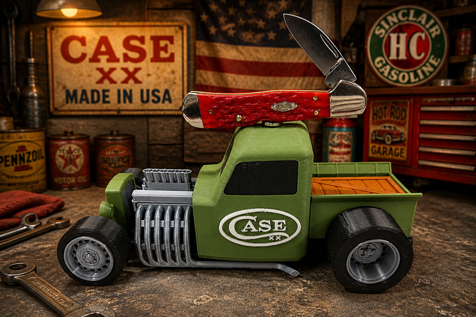 CASE XX OD Green Hot Rod Knife Display – 3D Printed Magnetic Collector Stand (Knife Not Included)