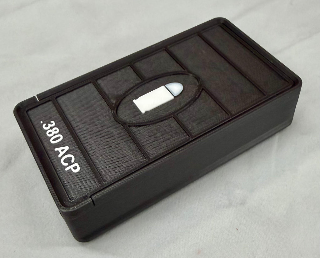 50 Round .380 ACP Ammo Box In OD Black & White 3D Printed Sliding Lock Case