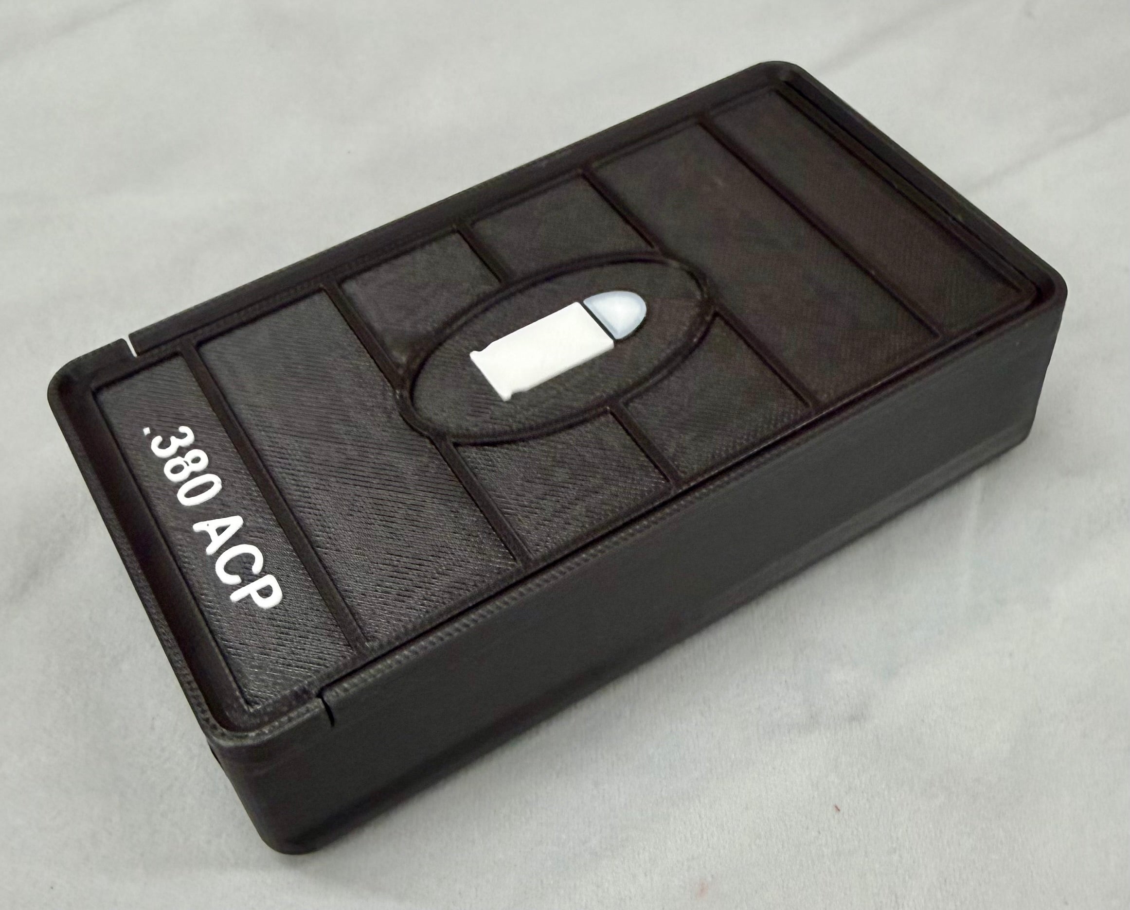 50 Round .380 ACP Ammo Box In OD Black & White 3D Printed Sliding Lock Case