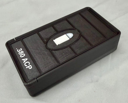 50 Round .380 ACP Ammo Box In OD Black & White 3D Printed Sliding Lock Case