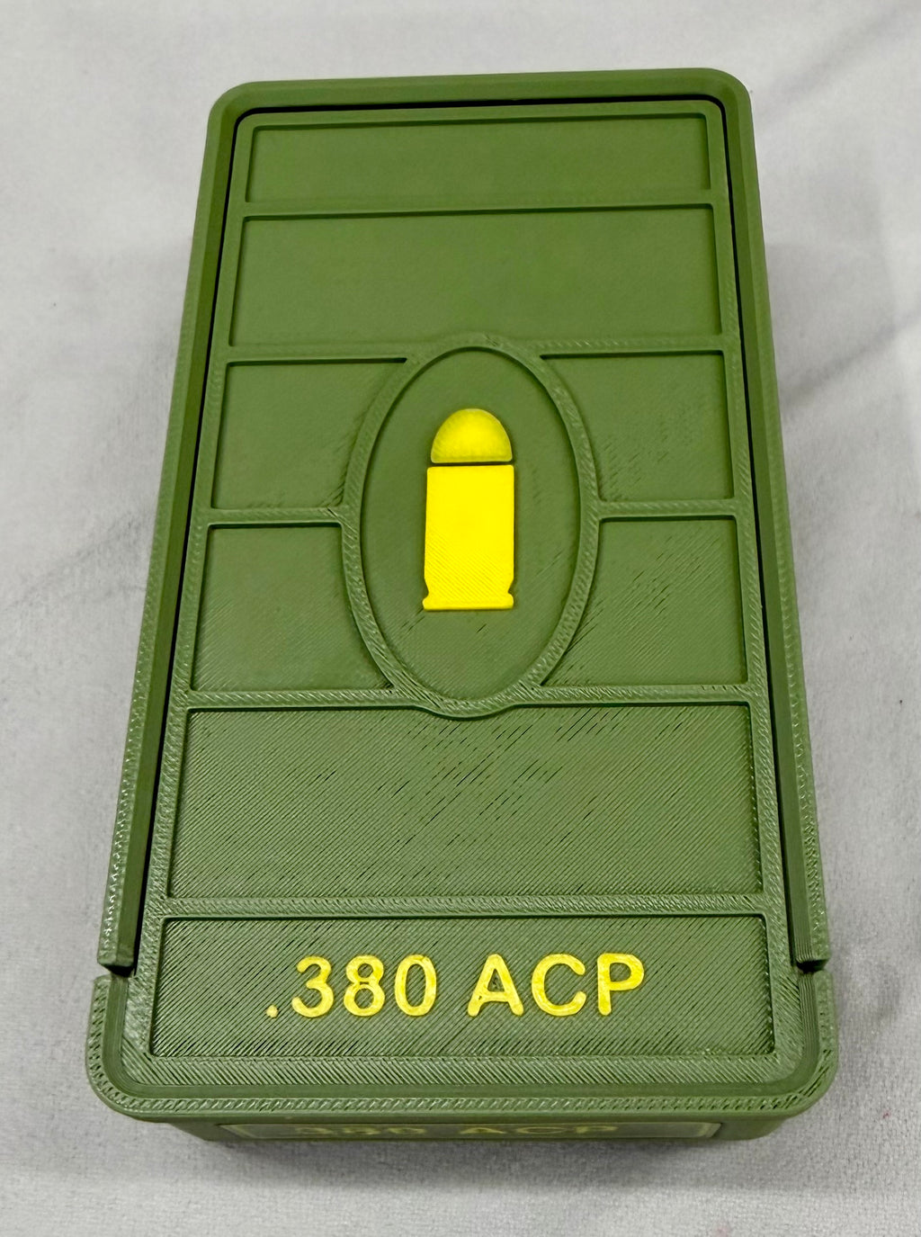 50 Round .380 ACP Ammo Box In OD Green & Yellow 3D Printed Sliding Lock Case