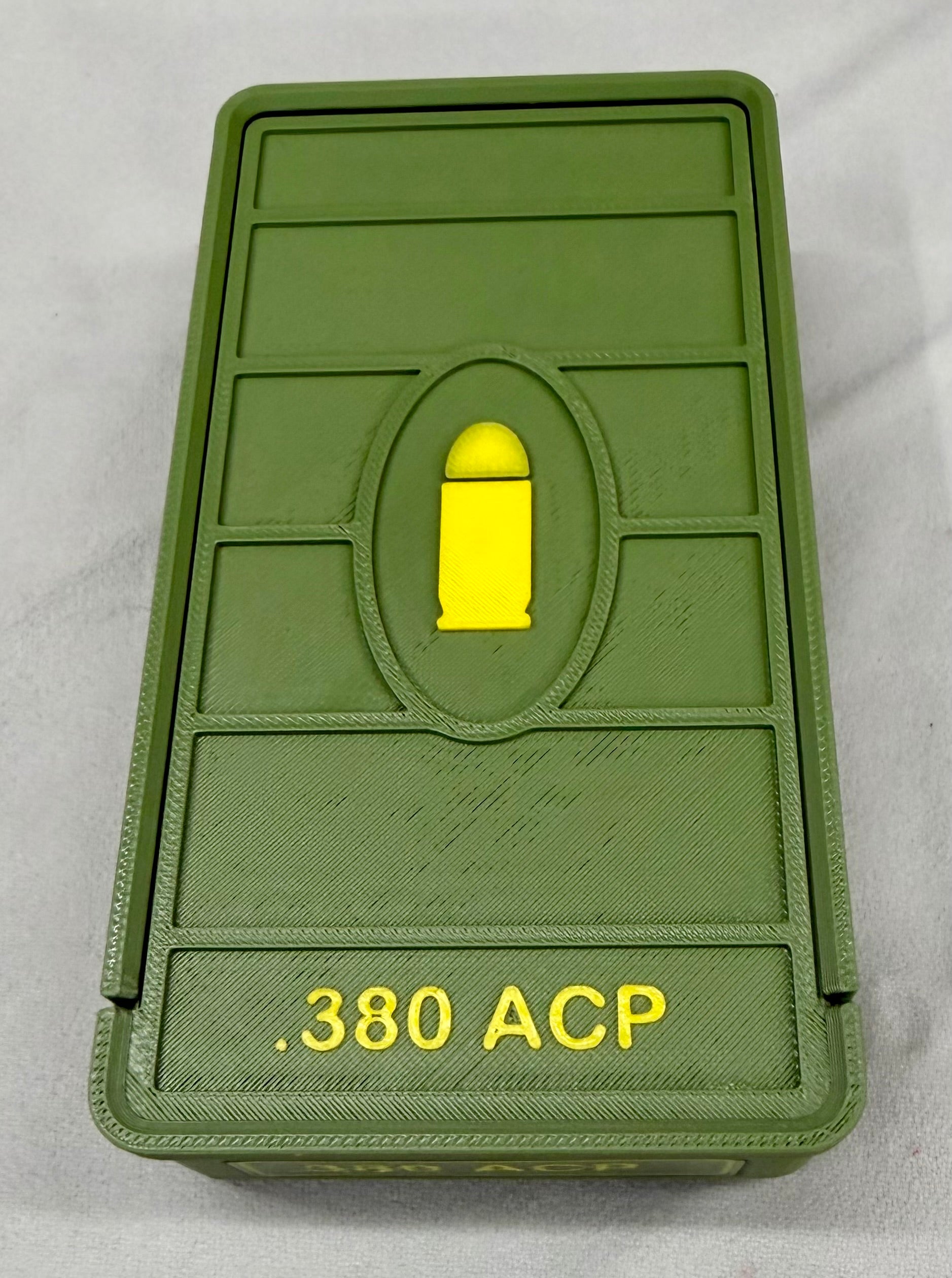 50 Round .380 ACP Ammo Box In OD Green & Yellow 3D Printed Sliding Lock Case