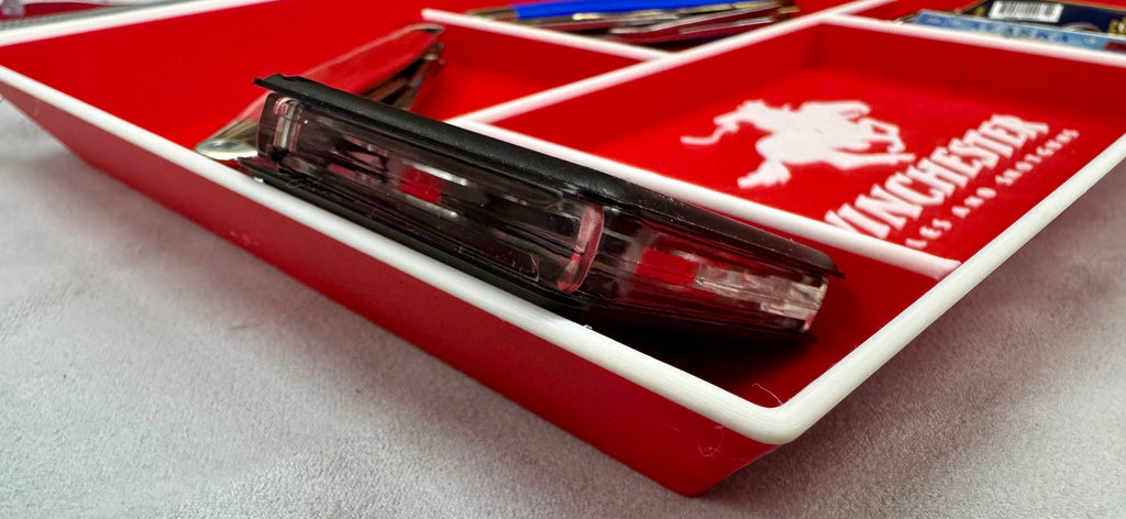 3D Printed Winchester Valet Tray – Red & White Catch-All Organizer w/ 5 Compartments for EDC, Keys & Pocket Dump
